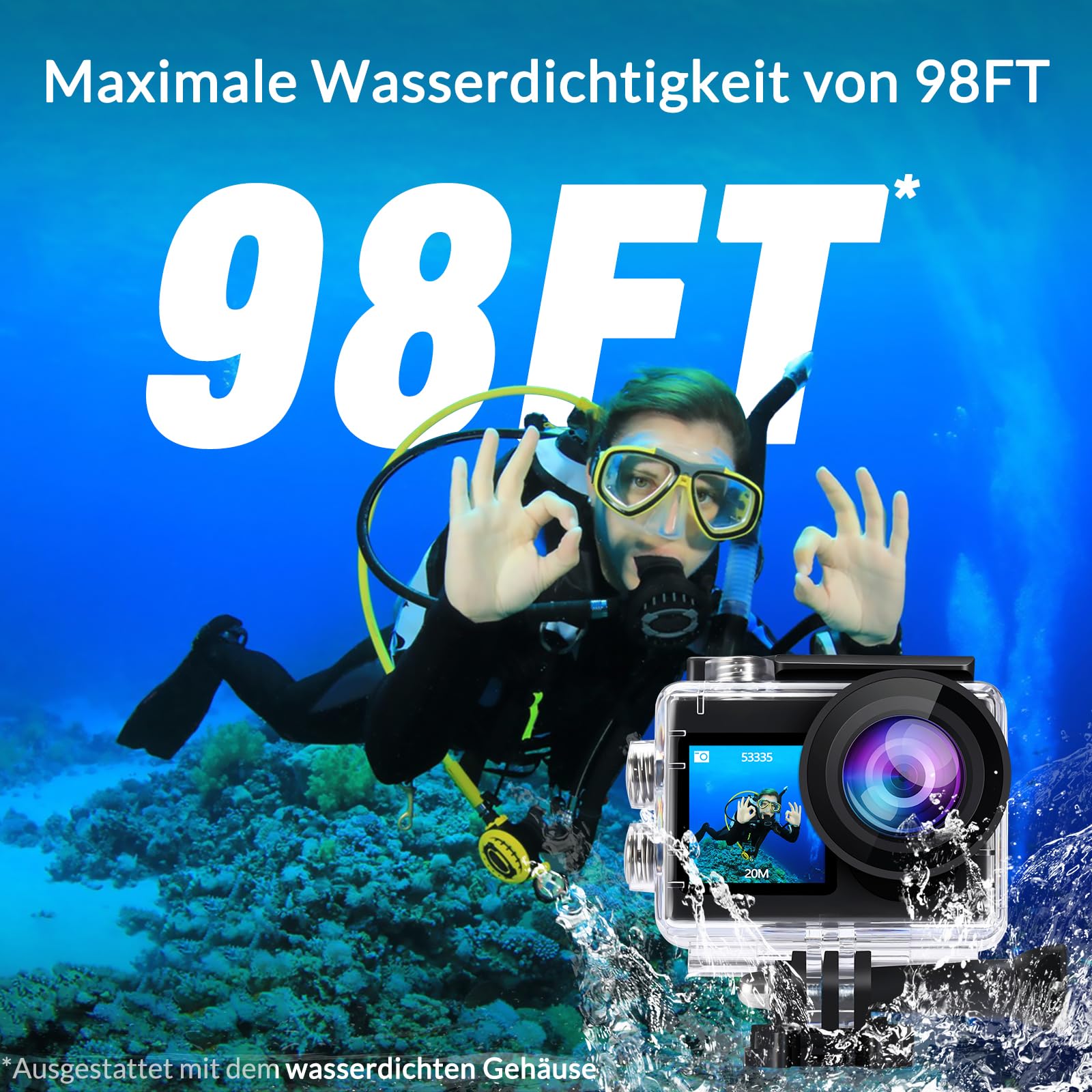 icefox Action Cam 4K 60FPS 20MP Unterwasserkamera EIS 5-fach Zoom WLAN-Fernbedienung wasserdicht