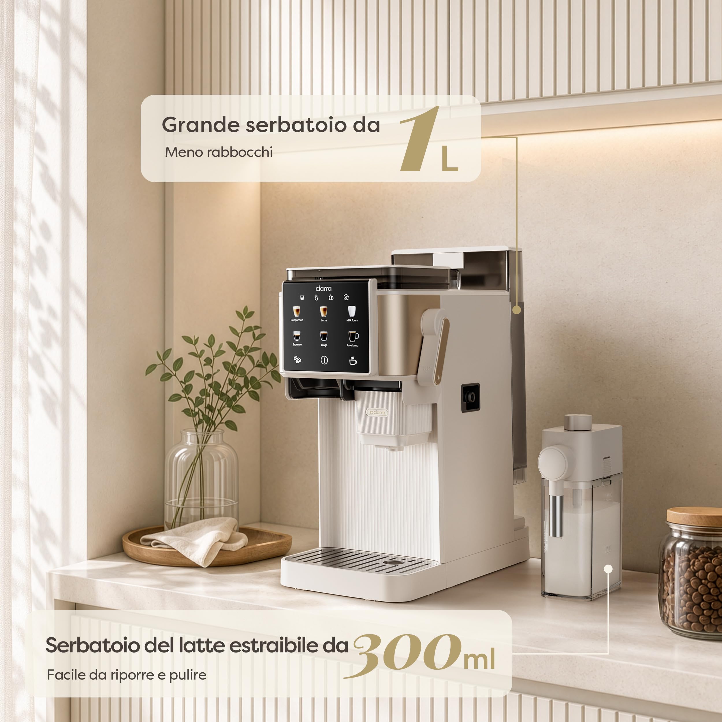 CIARRA CBSACM-D6 Macchina Caffè Espresso 15Bar con Macinacaffè e Montalatte | 1400W, Montalatte per Cappuccino e Latte, Caffè in Grani, Compatta, Decalcificazione Semiautomatica