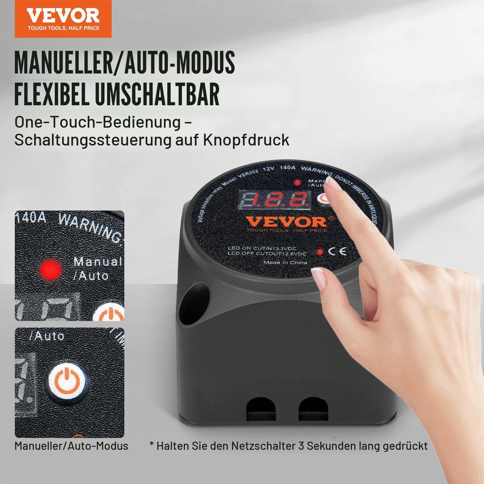 VEVOR Doppelbatterie-Trennrelais, 12 V, 140 A, manueller und automatischer Modus, spannungsempfindliches VSR-Relais mit LCD-Bildschirm, für ATV, UTV, Wohnmobil, Wohnwagen, LKW, Boot, Yacht