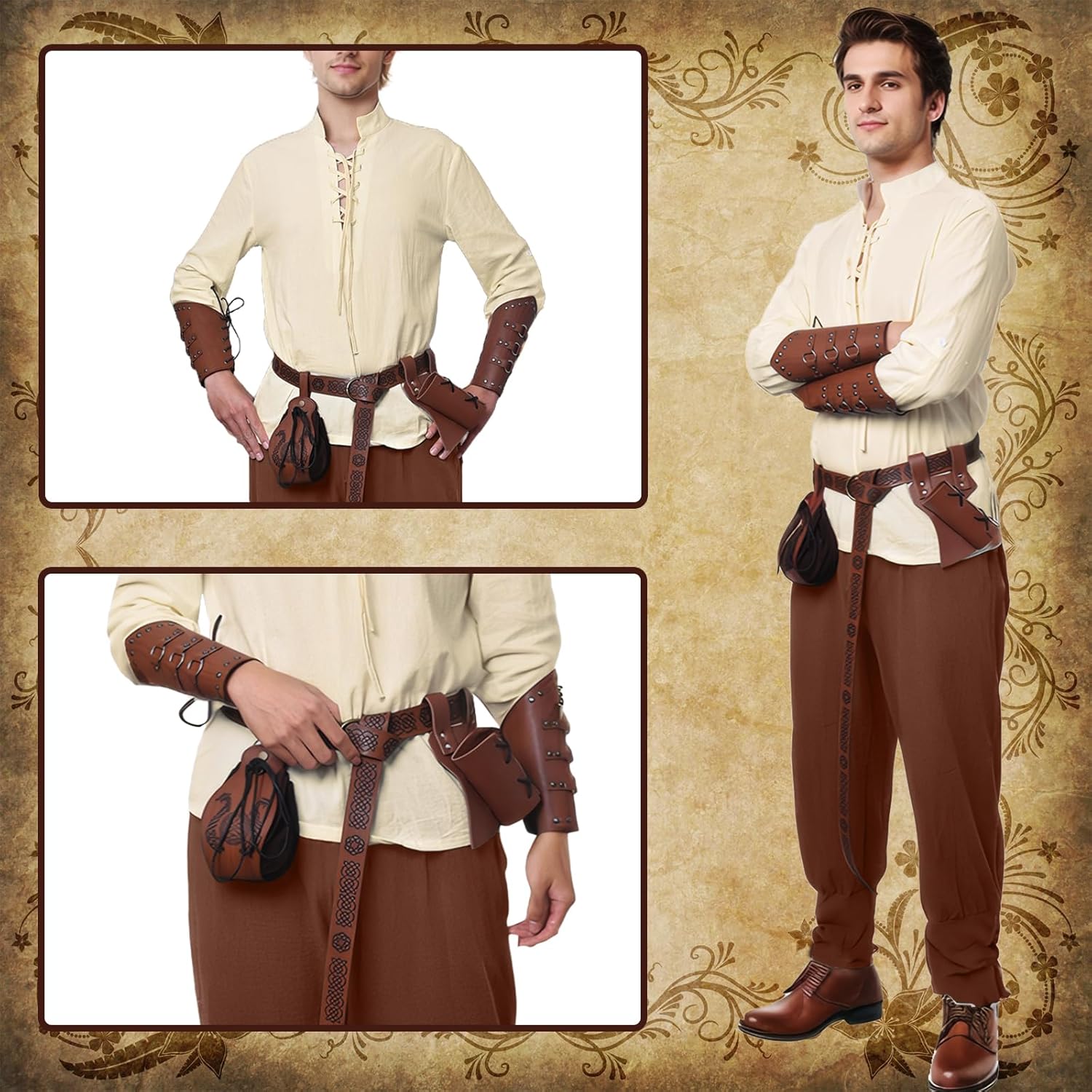 6 Pcs Men's Renaissance Costume Halloween Medieval Pirate Costume Set Viking Shirt Pants Cosplay - Image 2