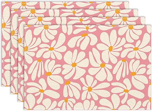 Juego de 4 manteles individuales florales retro de los años 70, 12 x 18 pulgadas, color rosa, abstracto, margarita, vintage, retro, hippie,