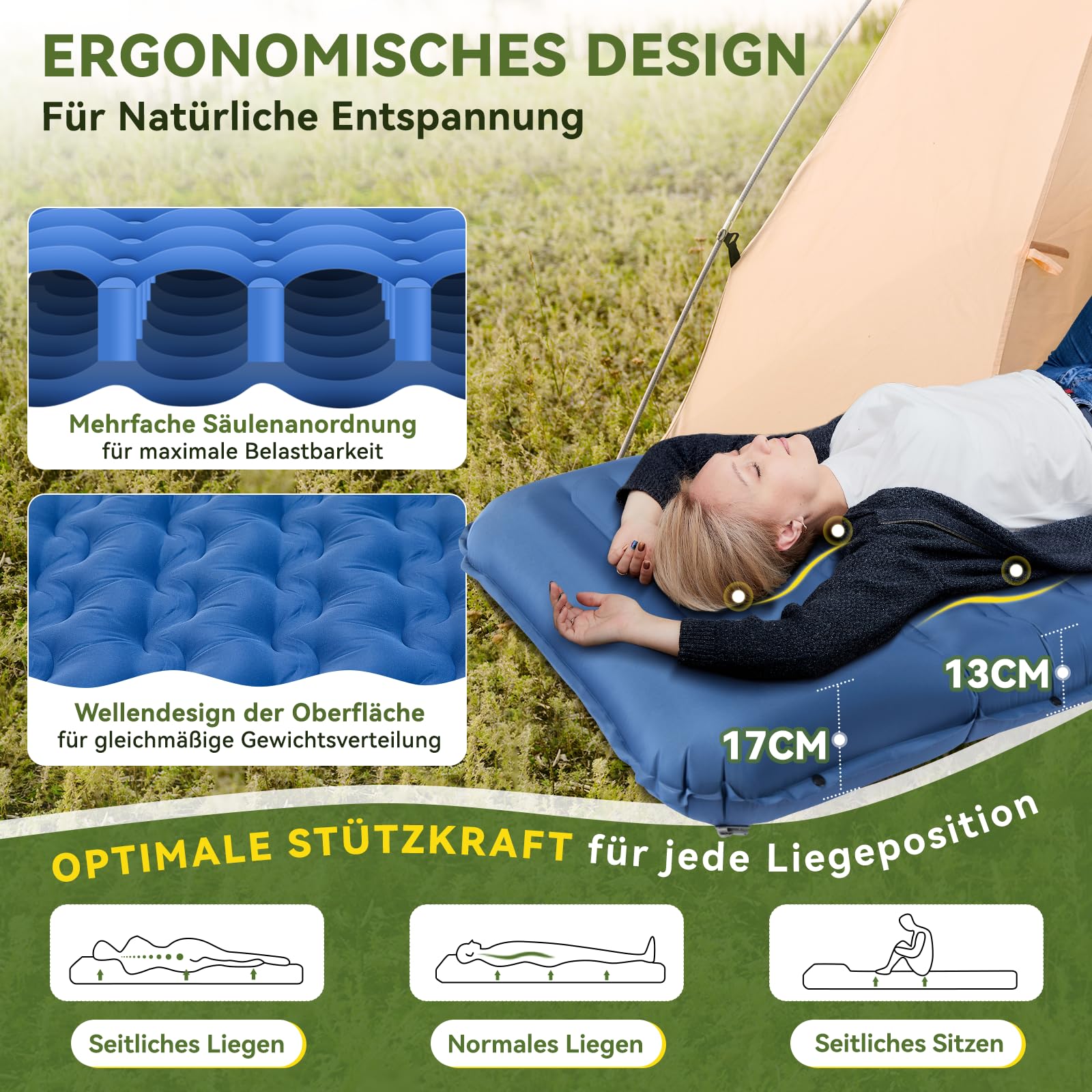 HIKENTURE Alfombra para dormir autoinflable, de 13 cm, para camping, con cojín, inflable, tamaño pequeño, ultraligera, con bomba de pie, para exteriores, senderismo, tienda de campaña