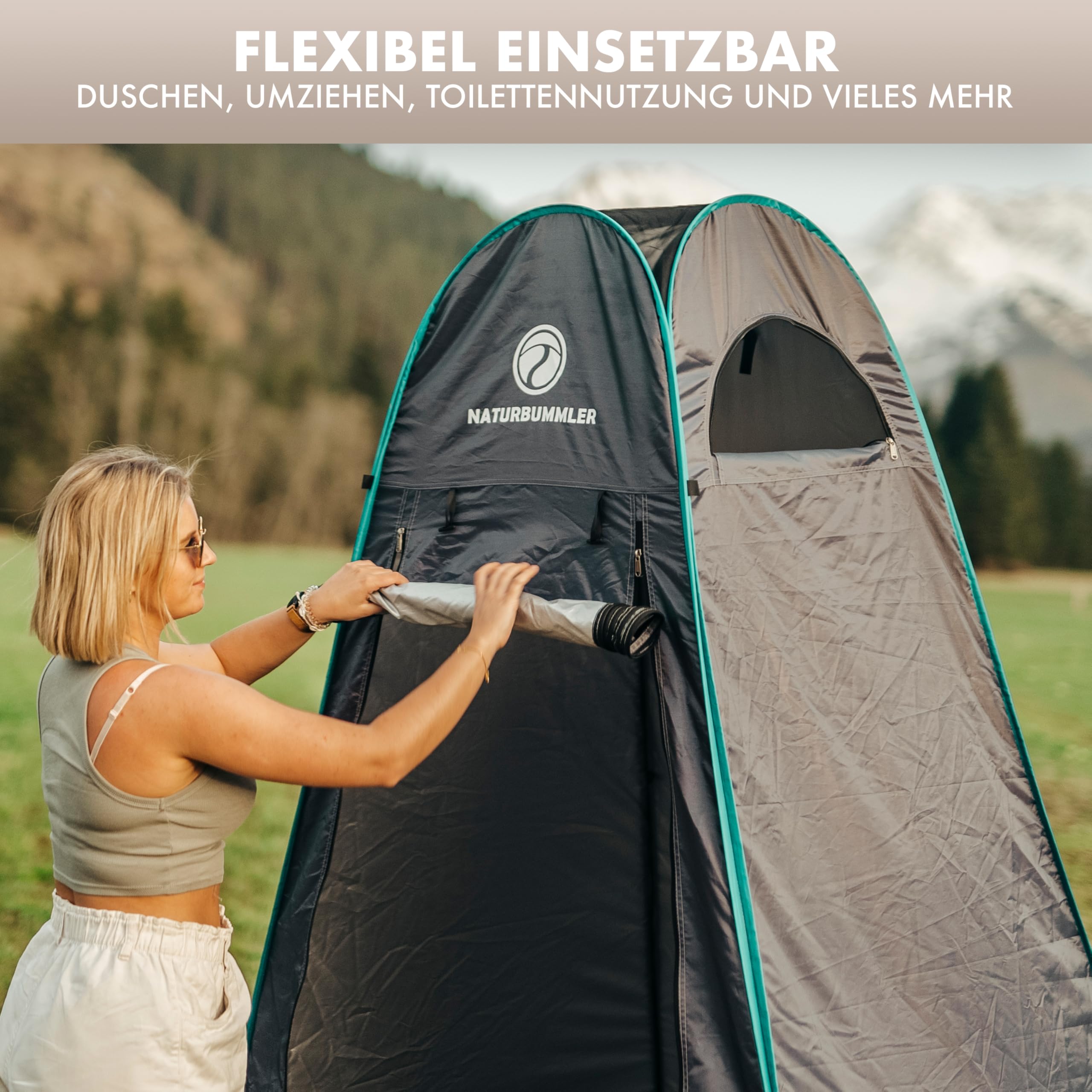 NATURBUMMLER Duschzelt Pop-Up [Privacy Protec+] wasserdicht & Blickdicht mit 5 Taschen & Boden (1,9  m Stehhöhe) – mobiles Toilettenzelt Umkleidezelt Sichtschutz für Camping Strand Outdoor