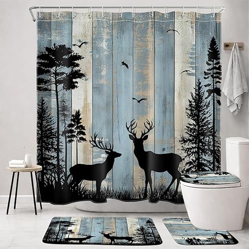 Rustic Forest Cabin Shower Curtain Set with Non-Slip Bathroom Rugs,