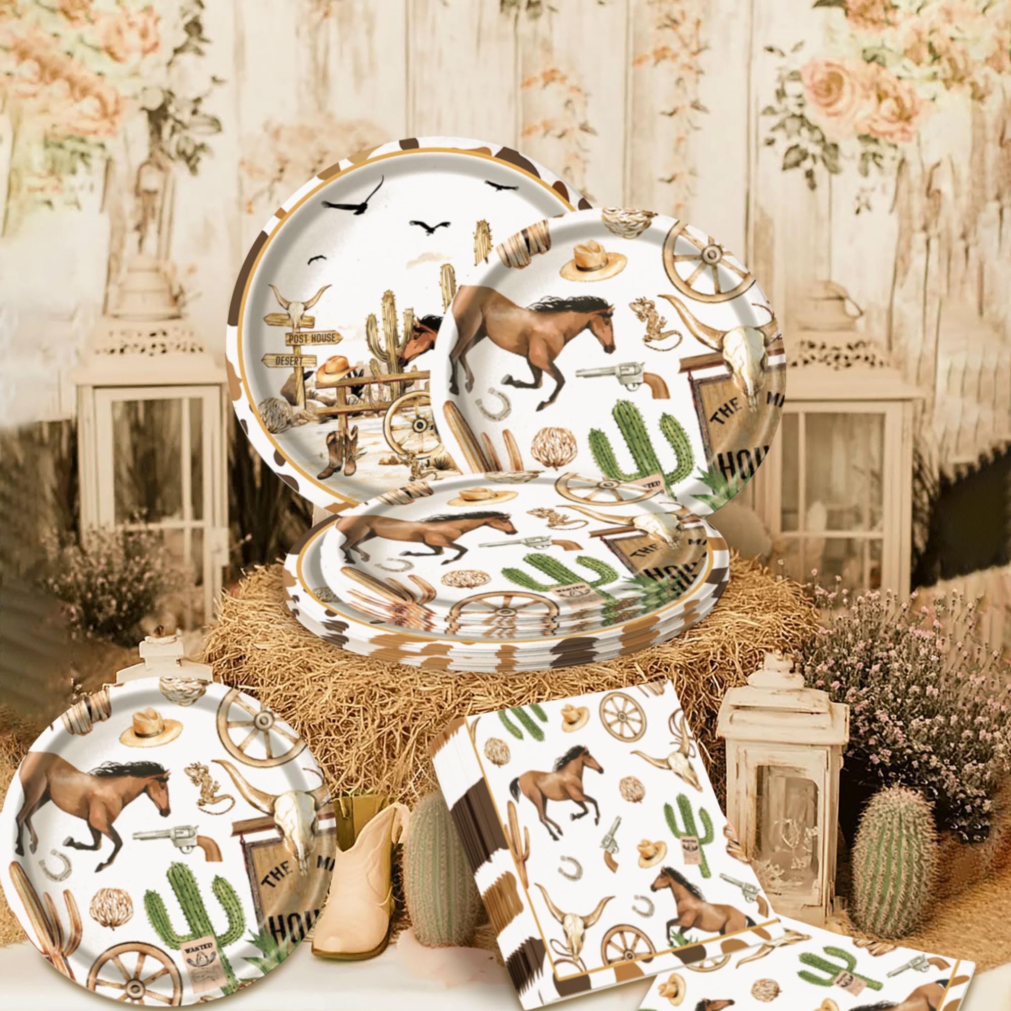 Déco Fête Anniversaire Western - Bannière Cowboy, Assiettes, Serviettes Pour Thème Ranch