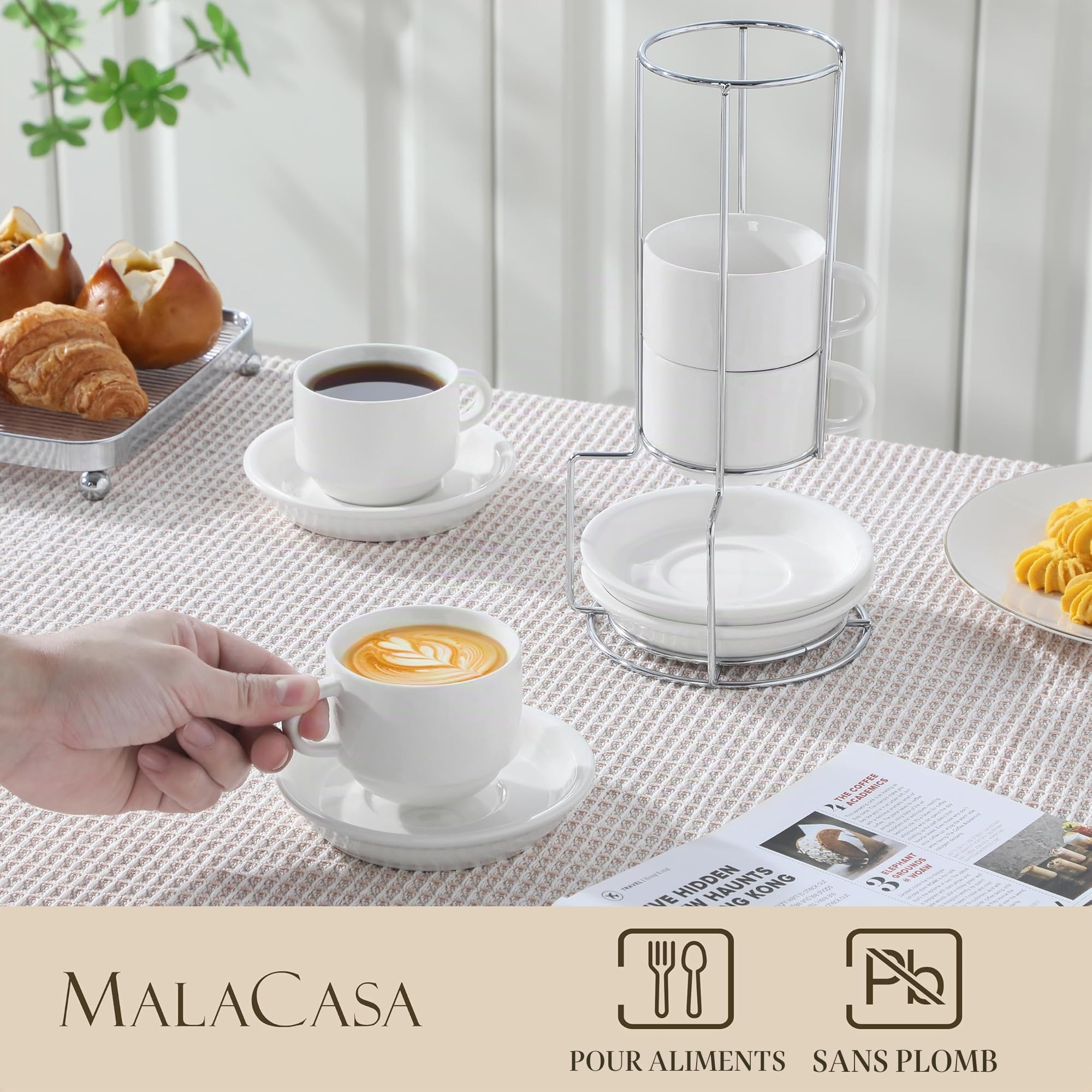 MALACASA Série REGULAR, Lot de 4 Tasses à Café pour 4 Personnes, 150 ml, Service à Café Empilable avec Soucoupe et Support en Métal，Idéal pour Expresso, Cappuccino, Latte, Moka et Thé, Blanc