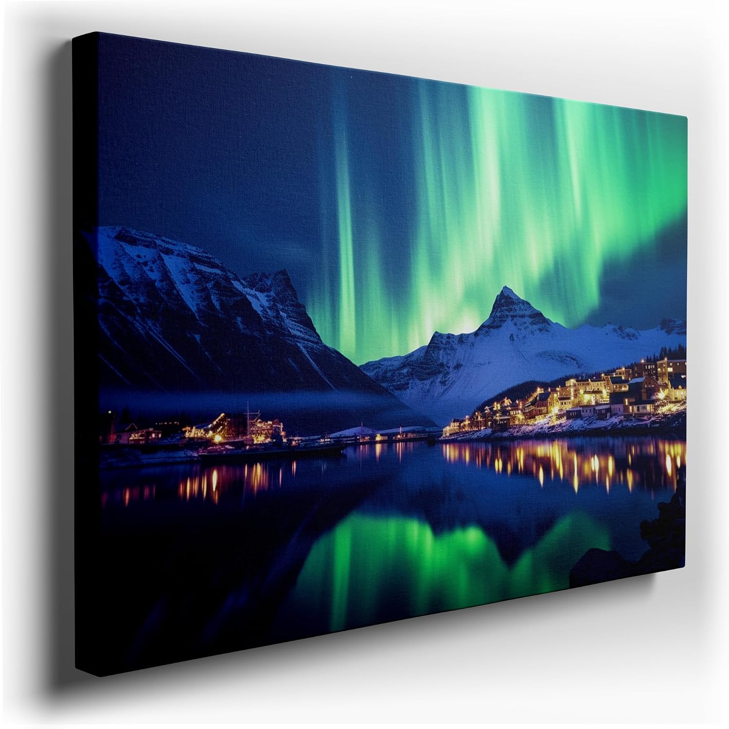 Canvas for Living room. Enchanting Arctic Nightscape Where Northern Lights Dance Over Mountain Village, 27 x 18 inch Canvas Wall Art - Ready to Hang - 69x46 cm (27x18 inch)
