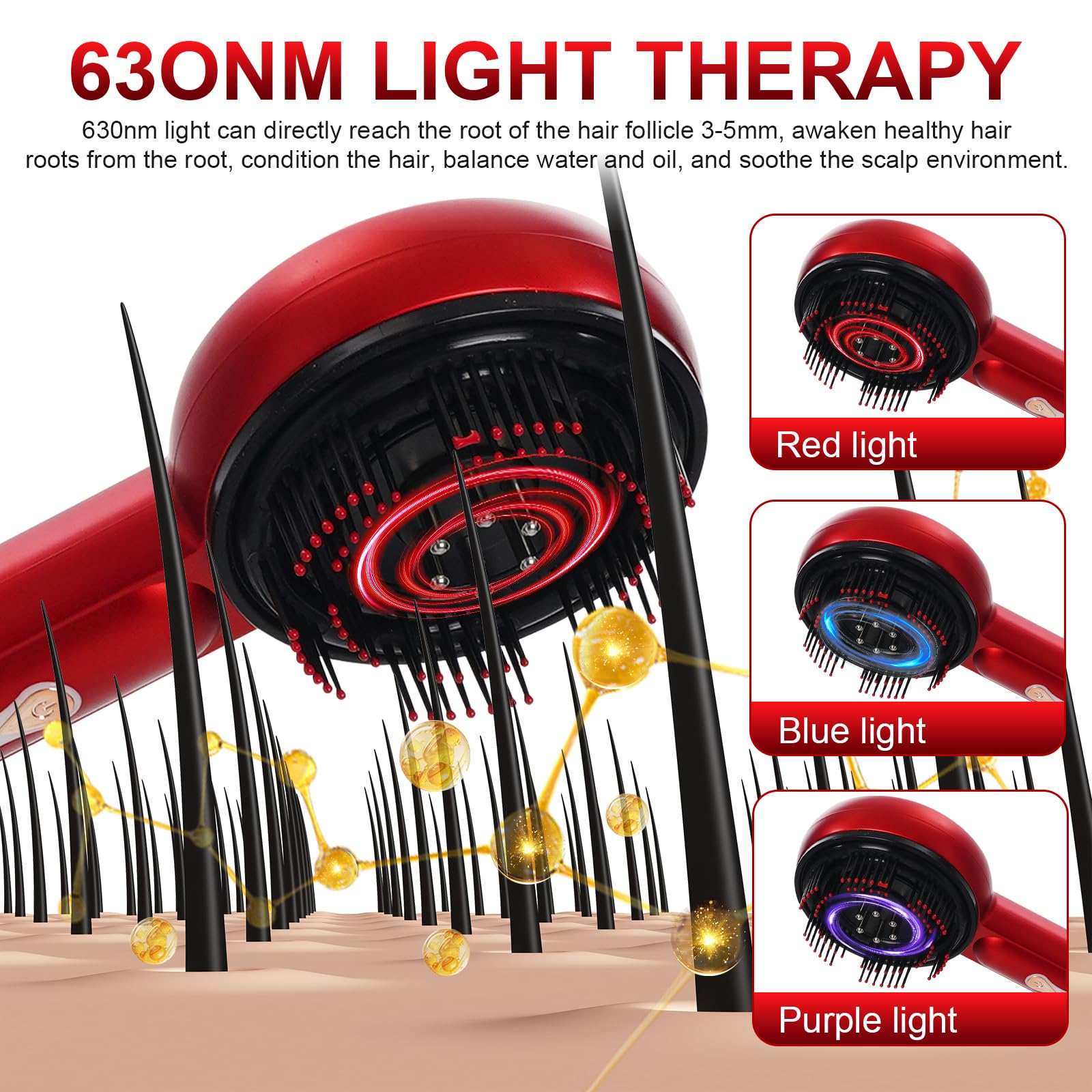 Cepillo de masaje de cuero cabelludo 3 en 1, peine de masaje de cuero cabelludo, aplicador eléctrico de aceite para el crecimiento del cabello, spa con 3 modos de masaje, terapia de luz roja de 660 nm