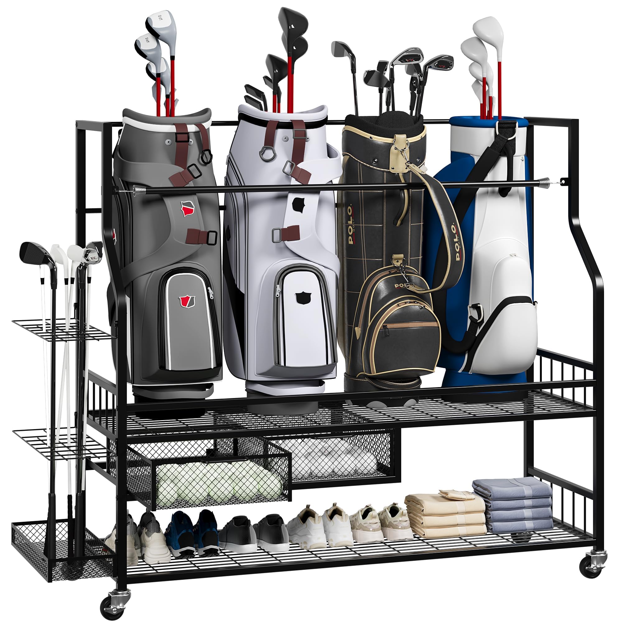 Crevyteg Golf Bag Storage Rack with Wheels, Heavy Duty 4-Bag Organizer with Drawer, Mobile Golf Equipment Cart 116×40×107cm, Holds Clubs & Gear, for Garage, Clubhouse, Basement