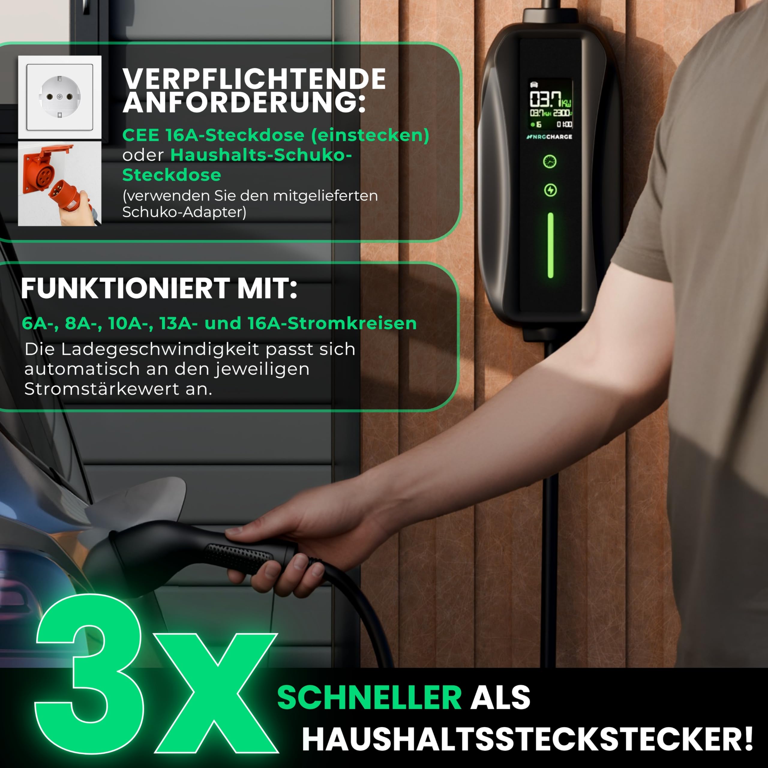 Mobile Wallbox 11kW Typ 1 (7m, 6–16A, 3-phasig) – Ladekabel CEE 16A mit Schuko – Mobile Ladestation Elektroauto Schnellladung