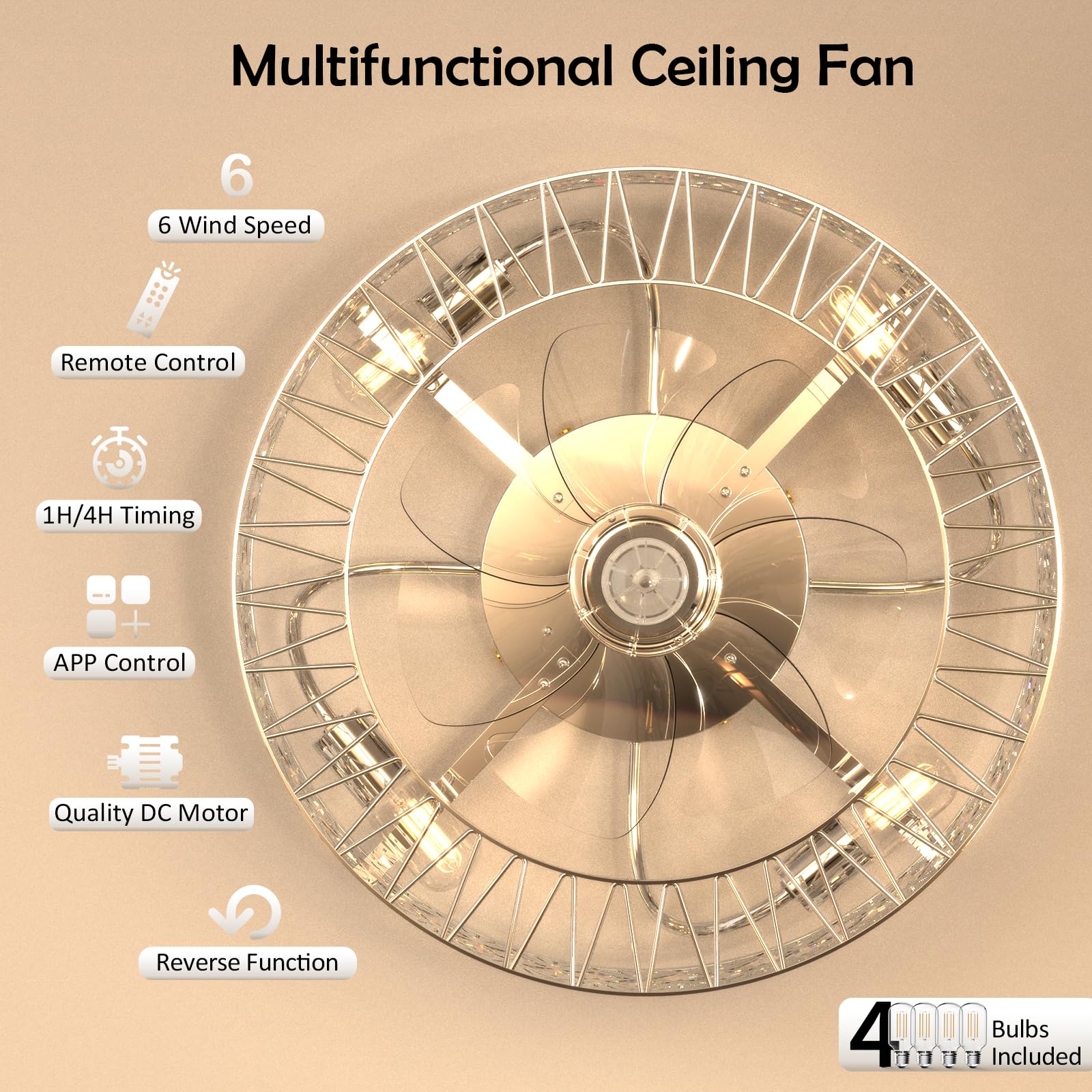 FIMEI Ventilatori da Soffitto con Luce, Ventilatore a 6 Velocità & Luce a Regolazione Continua, Telecomando & APP, Illuminazione Moderna per Soggiorno, Sala da Pranzo, Camera da Letto (S2-Argento)