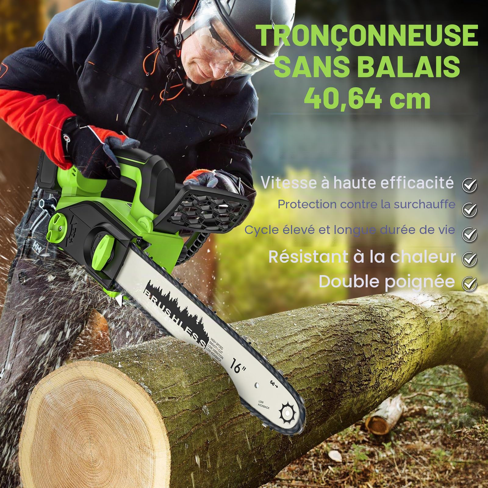 Tronçonneuse à Batterie 16 Pouces, Tronçonneuse Électrique sans fil avec 2 Batteries 4,0 Ah, Graissage Automatique & Tension de Chaîne Sans Outil, Moteur sans Balais, pour l'Élagage et Coupe Bois