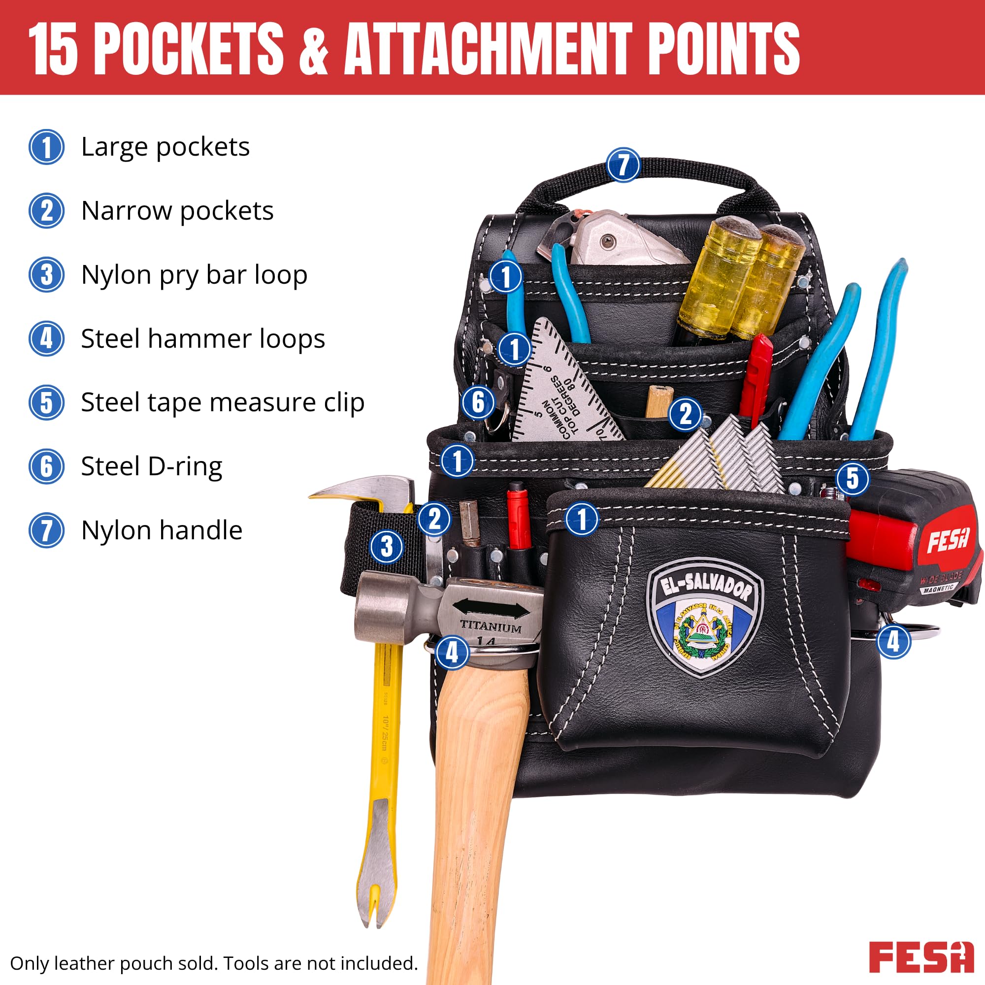 FESA Sac à outils en cuir – 10 poches en cuir pleine fleur avec 2 boucles pour marteau, grandes et petites poches – Convient aux ceintures de travail jusqu'à 7,6 cm – Fait à la main – Motif campagnard