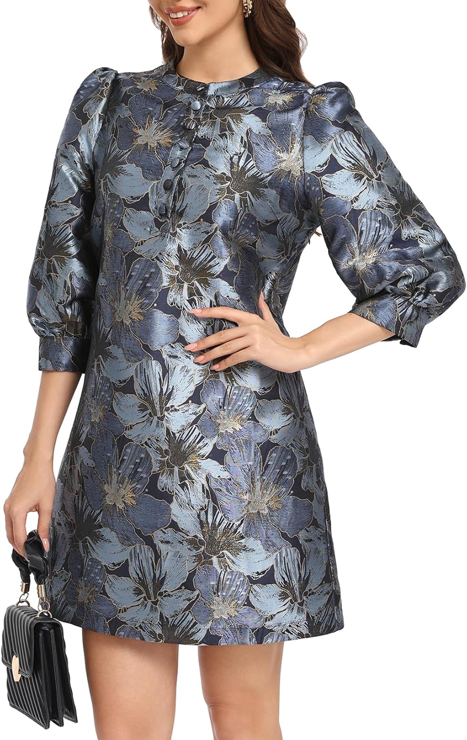 LADYFUL Women's Floral Jacquard Shift Dress 2026 Long Puff Sleeve Button Up Elegant Cocktail Party Mini Dress - Image 4