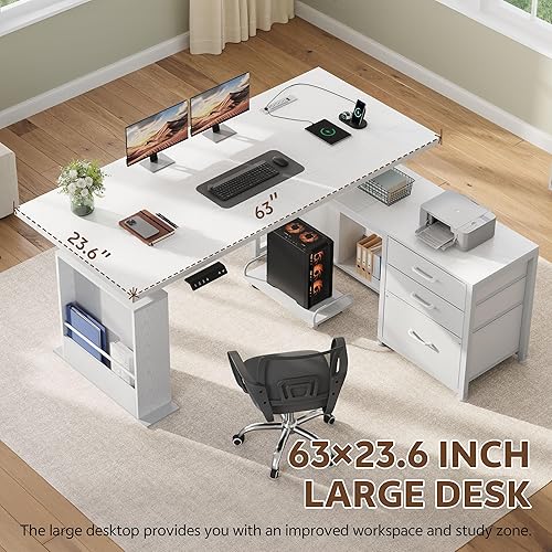 Miniatura 7 de Escritorio de pie en forma de L de 63 pulgadas con 3 cajones, escritorio eléctrico de altura ajustable, escritorio de pie con almacenamiento para