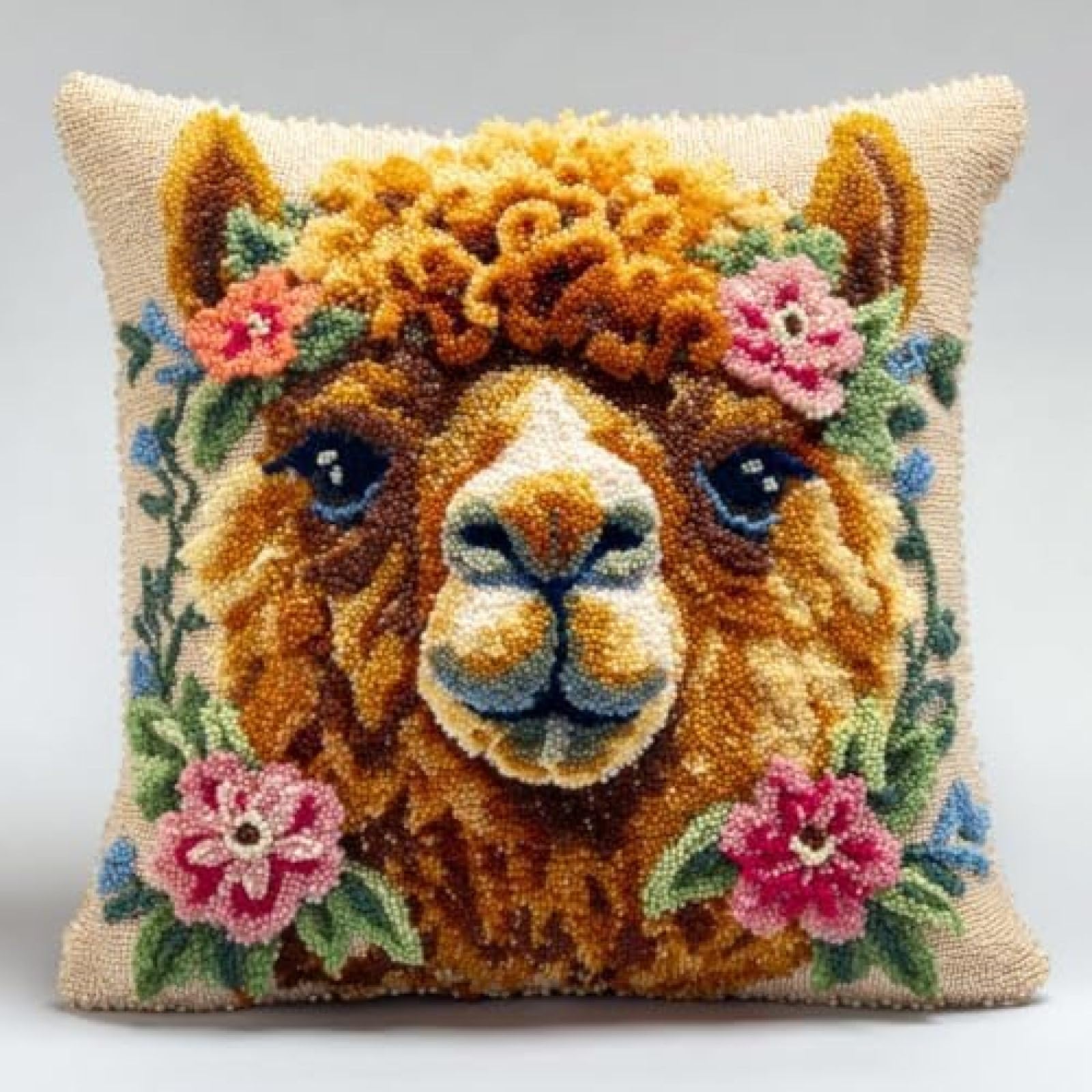kitphoenix Latch Hook Cushion Cover Making Kit for Adults,Camel Portrait in Flowers,DIY Handmade Craft Gift with Yarn,Hook and Printed Canvas,43x43 cm