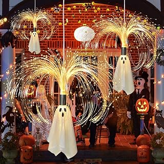 2FT 2PACKS Halloween Decorations Outdoor Solar Ghost Garden Lights | Fiber Optic Halloween Spooky Lights,Mini Hanging Swaying Ghost Decor,Scary Halloween Ghost Decor for Porch/Lawn/Tree