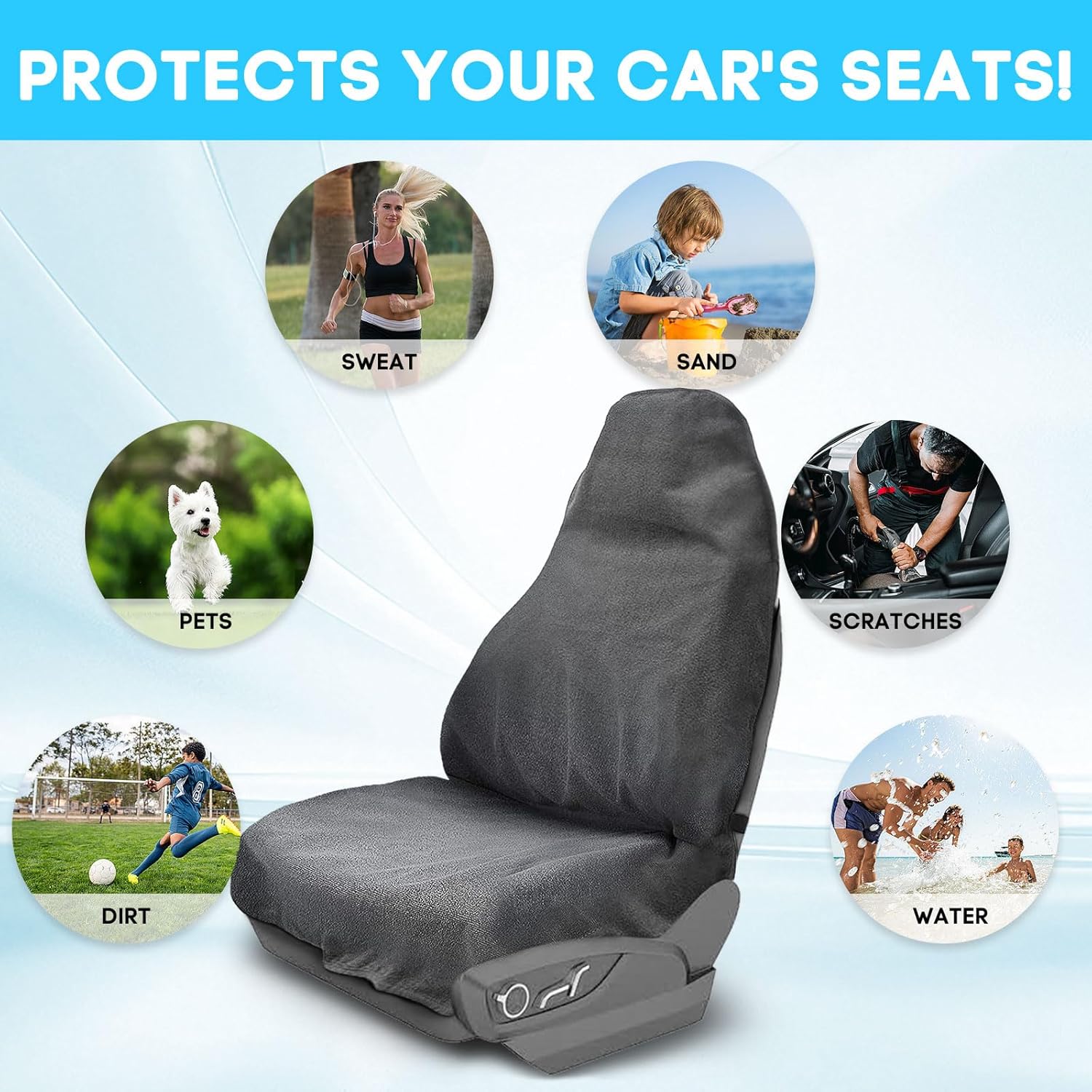 Waterproof Sweating Front Car Seat Cover Protector for Gym Workout, Running, Swimming, Beach and Hiking, Universal Fit Bucket Seat Covers for Cars SUV Trucks, Machine Washable, Non-Slip (Gray, 2Pcs)