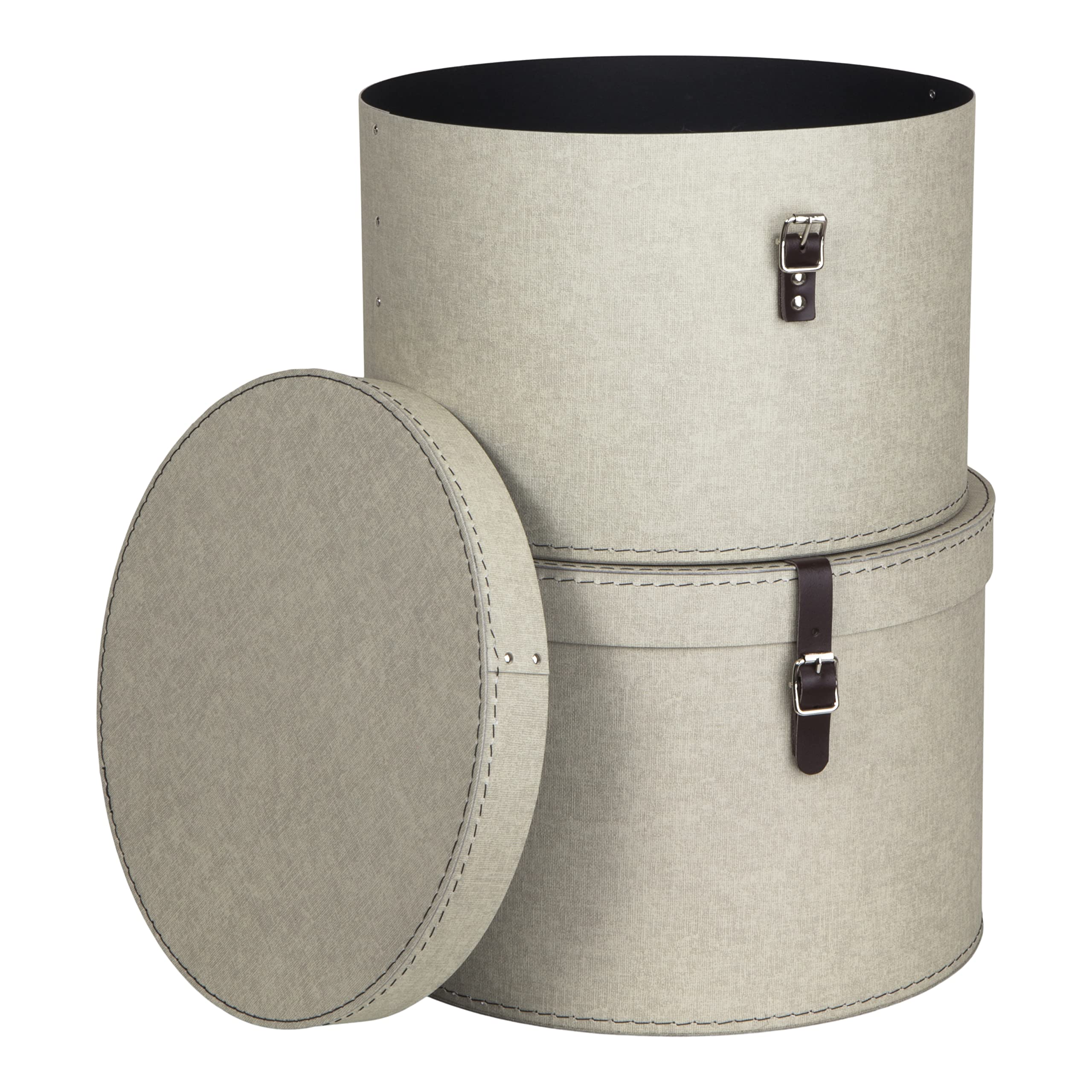 Bigso Box of Sweden Juego de 2 Cajas Redondas de Distinto Tamaño – Cajas con Tapa y Correa de Cuero – Caja Sombrerera de Tablero de Fibras y Papel con Aspecto de Lino - Beige