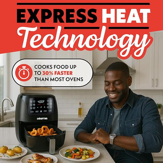 Gourmia Air Fryer - 4 Qt Capacity, FryForce360o, Digital Display with 8 Presets, Roast, Bake, Broil, Dehydrate, Dishwasher Safe Accessories, Compact, Black