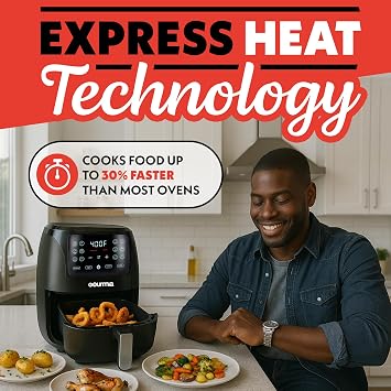 Gourmia Air Fryer - 4 Qt Capacity, FryForce360o, Digital Display with 8 Presets, Roast, Bake, Broil, Dehydrate, Dishwasher Safe Accessories, Compact, Black