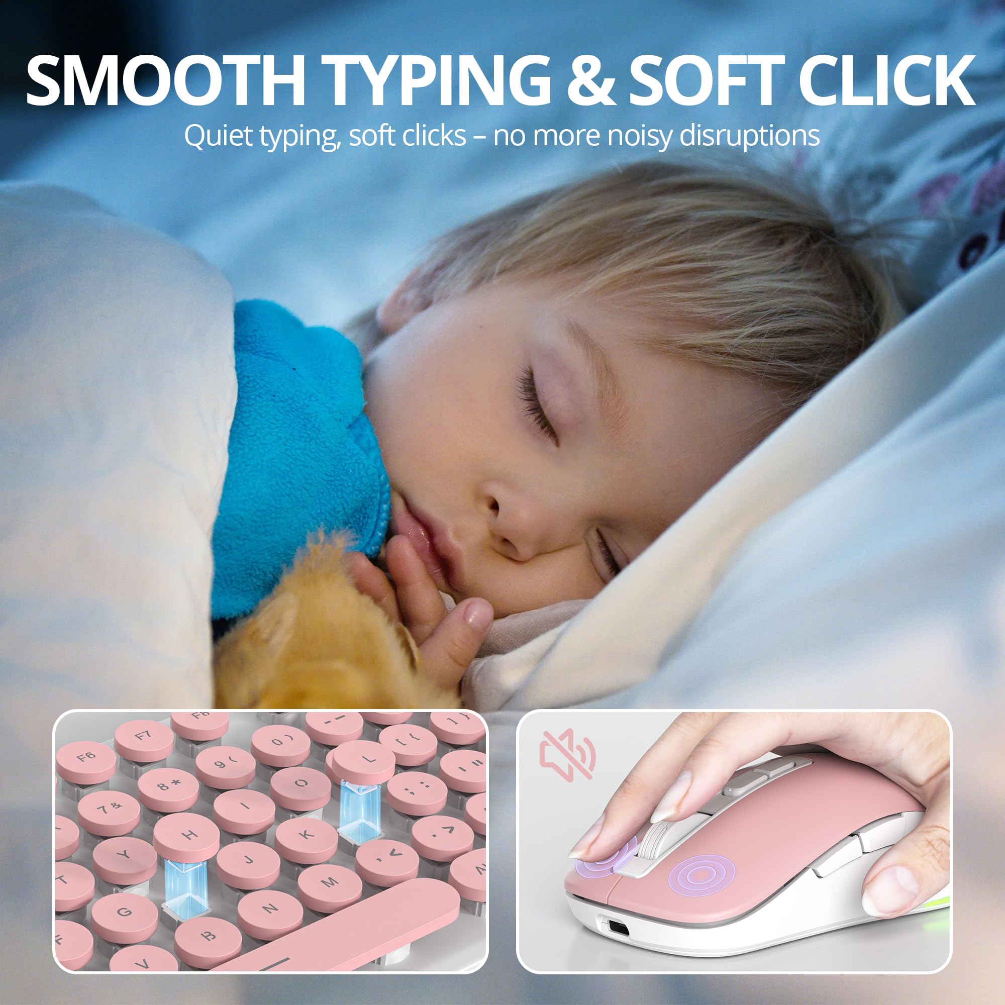 SOLIDEE Ensemble Clavier et Souris sans Fil Rétroéclairés, Clavier Type Machine à Écrire Lumineux Rechargeable 2.4GHz, Touches Rondes Rétro Silencieuses sans Fil avec Récepteur USB(Pink)