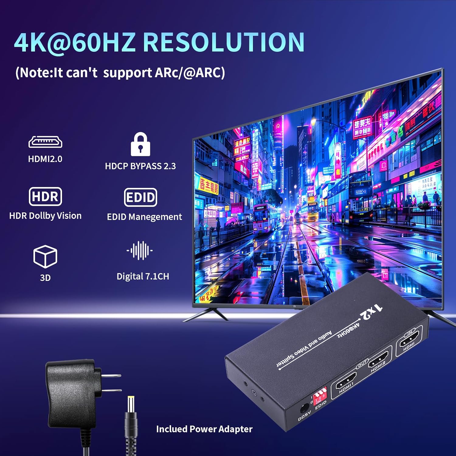 HDMI Splitter 1 in 2 Out 4K@60Hz - HDCP 2.2 HDR10 Support | 18Gbps HDMI 2.0, EDID Management | Compatible with Roku, Fire TV, PS4, Xbox, 4K TV, Blu-Ray Player