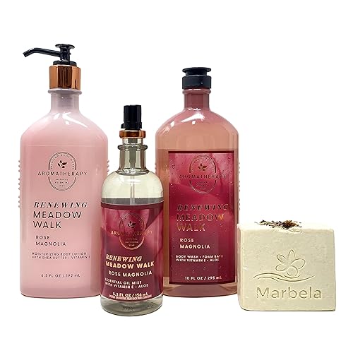 Bath & Body Works Aromatherapy Renewing Meadow Walk Rose Magnolia - Gel de baño - Loción corporal - Bruma de aceite esencial con un jabón cremoso en