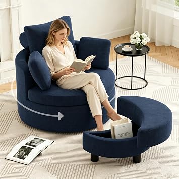 Swivel Accent Chair 39.4" Oversized Barrel Chair with Half Moon Storage Ottoman 3-in-1 Round Lounge Chair Indoor for Living Room Bedroom, Easy Assembly Chenille Dark Blue