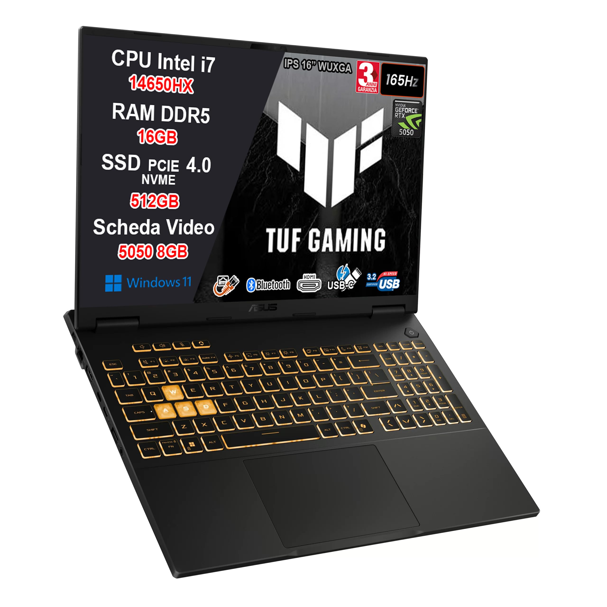 ASUS TUF Gaming F16 Intel i7-14650HX, RTX 5050 8GB GDDR7, 16GB DDR5, SSD 512GB, Display 16" WUXGA IPS 165Hz G-SYNC Anti-Glare, Thunderbolt 4, HDMI 2.1, LAN, Wi-Fi 6E, Windows 11 Home, 36 Mesi Garanzia