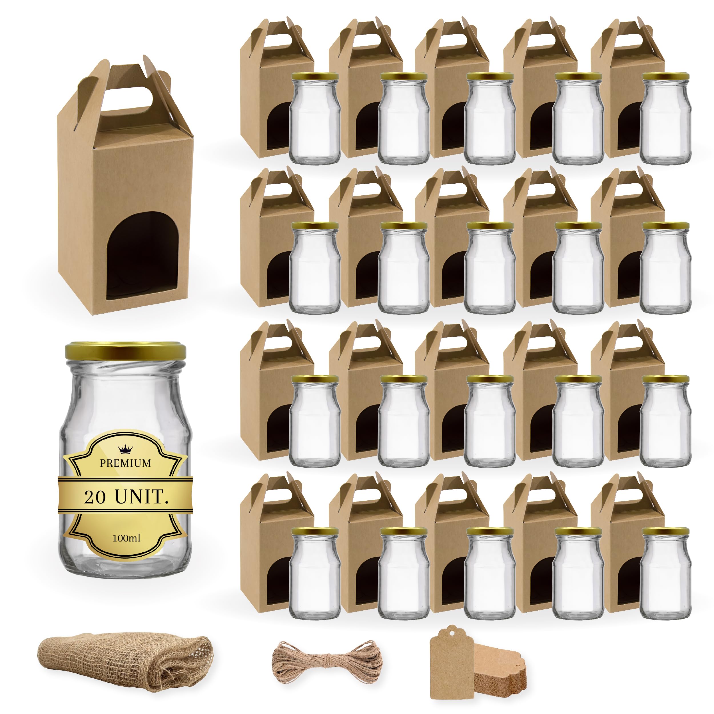 Espirito Rebelde 20 Pots de Conservation en Verre 100 ml avec Courvecle + Boîtes + Étiquettes Kraft + Tissu + Ficelle | Bocaux Alimentaire, Bocaux Sauce Tomate, Bocaux à Confiture, Bocaux pour Miel