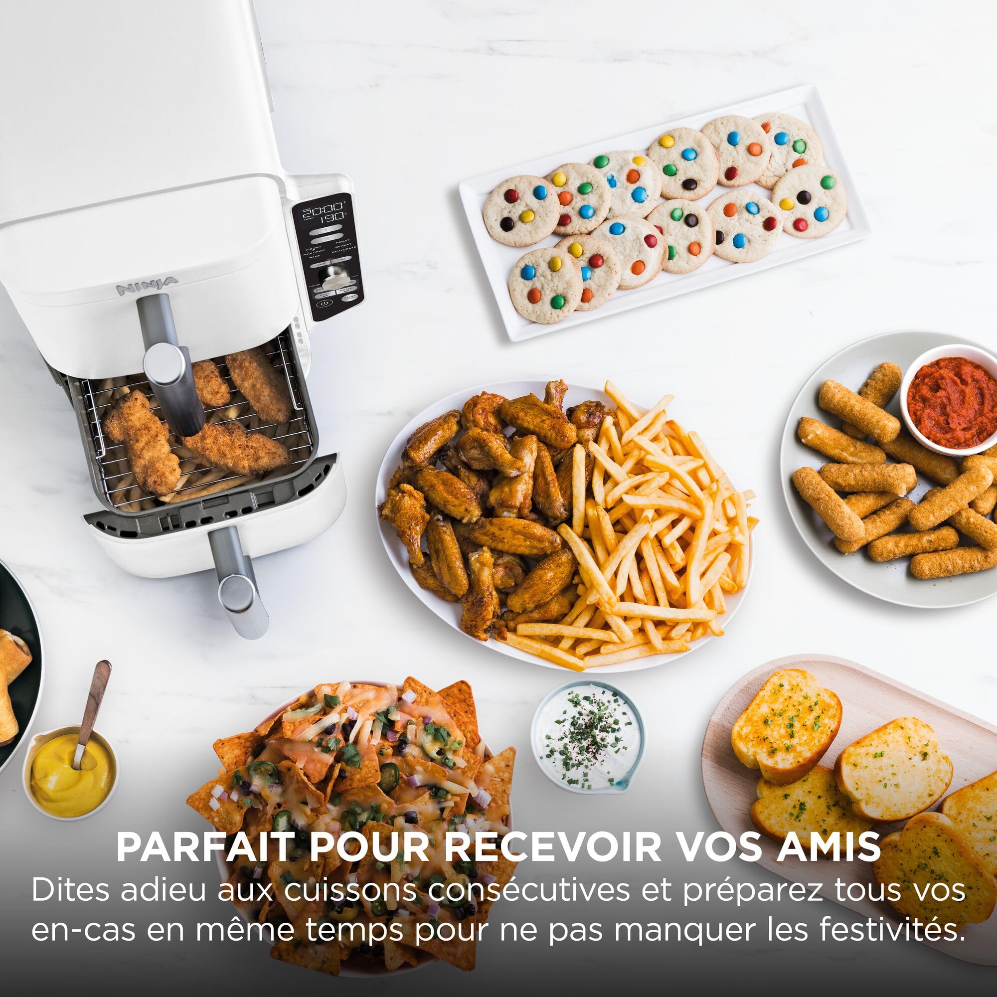 NINJA Double Stack XL Air Fryer, Friteuse sans huile Verticale Double Tiroir 4 Niveaux de Cuisson, 2 Tiroirs, 2 Grilles, Capacité de 9,5 L, 6 Fonctions, 8 Portions, Pinces, Blanc SL400EUWH