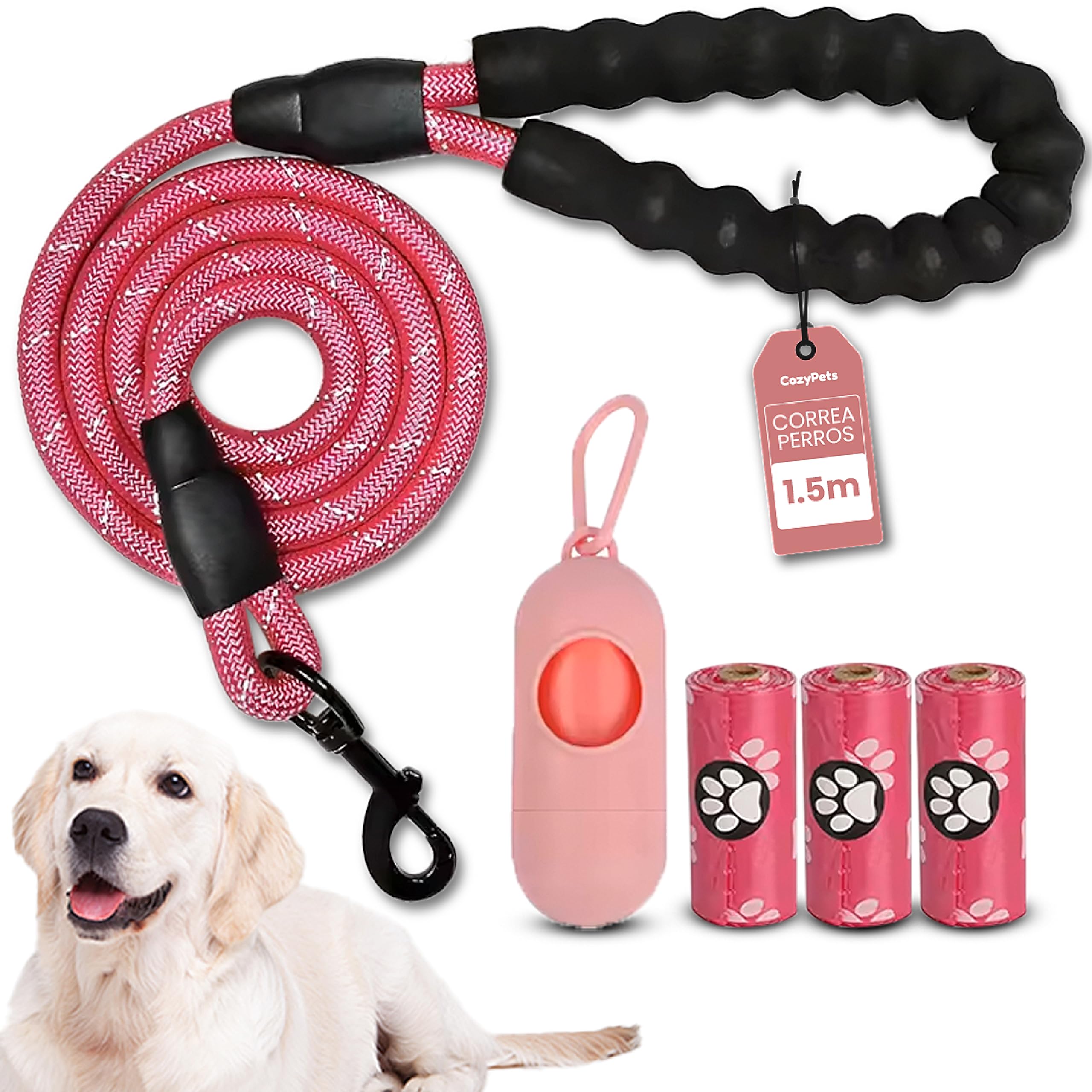 COZYPETS Correa para Perros Medianos y Grandes - Correa Básica de 1.5m con Mango Acolchado para Adiestramiento - Incluye 3 Bolsas para Excrementos y Dispensador - Duradera y Cómoda