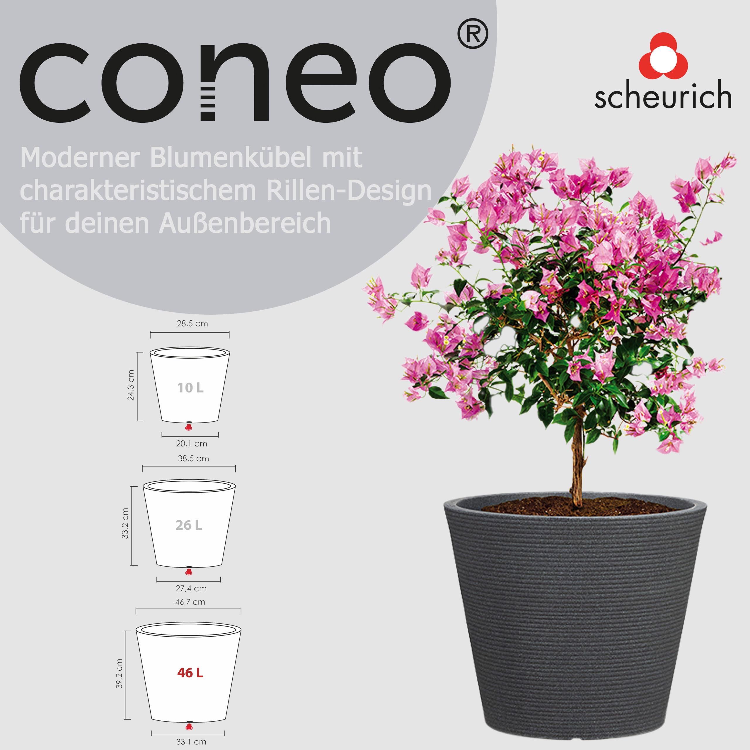 Scheurich Coneo, fioriera in plastica, granito nero, diametro 49 cm, altezza 39,4 cm, 46 l vol.