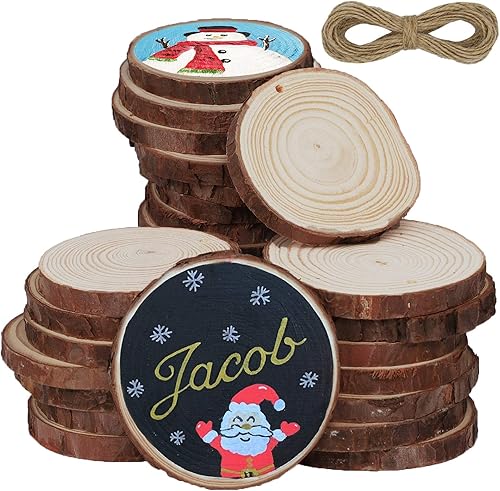 ATDAWN Rebanadas de madera natural con agujeros, 30 círculos de madera sin terminar de 3.1 a 3.5 pulgadas, kit de madera para manualidades, adornos