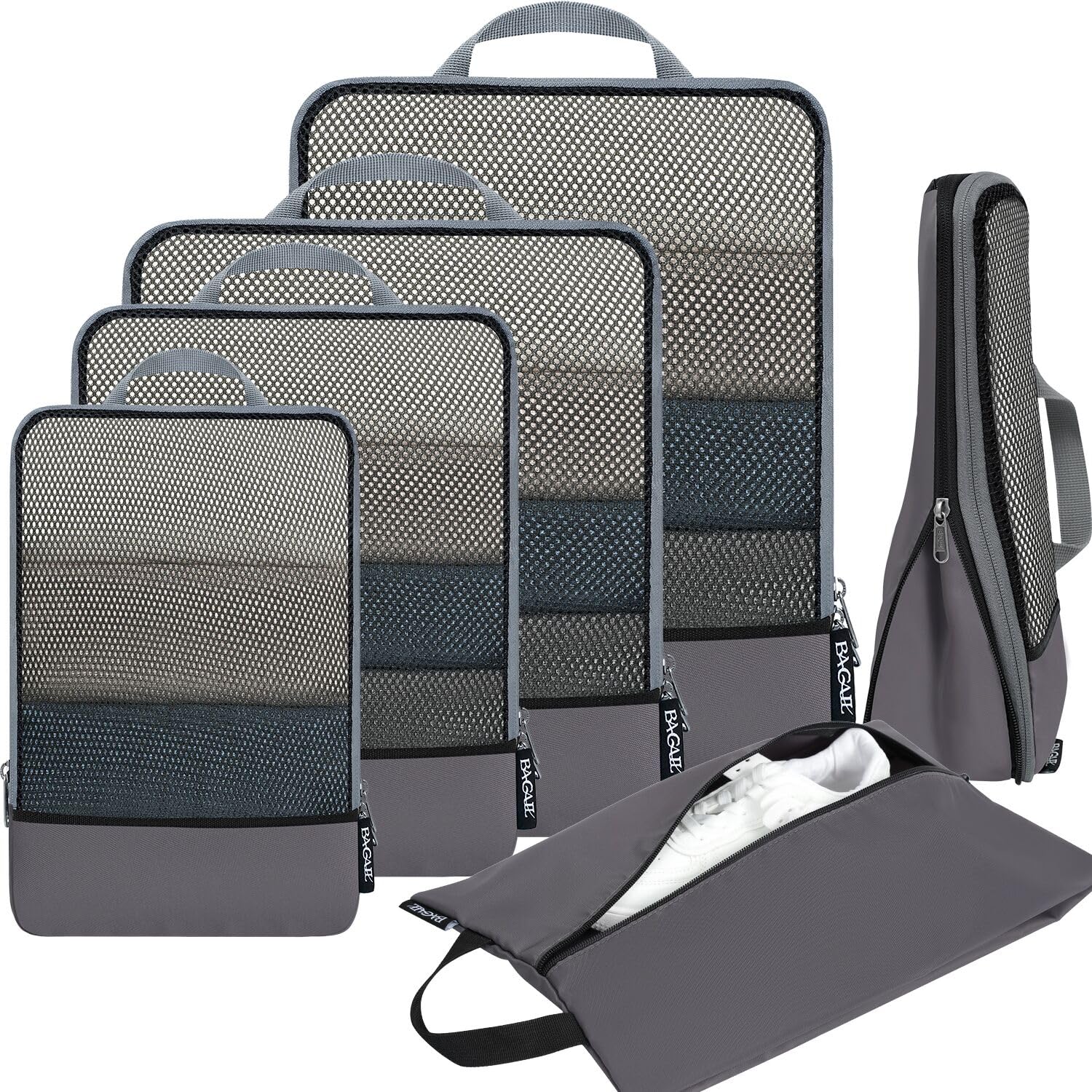 BAGAIL 4 Set/6 Set/8 Set Compression Packing Cubes Travel Accessories Expandable Packing Organizers (Half Mesh, 6-Dark Grey)