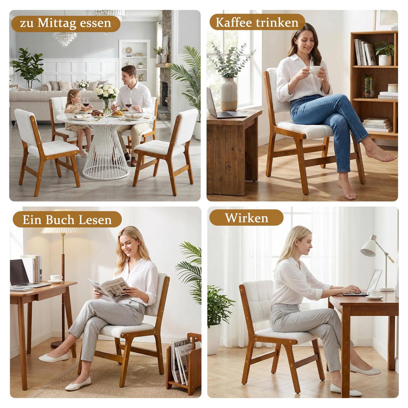 Esszimmerstühle 2er Set, Küchenstühle aus Holz, Stuhl Esszimmer Wohnzimmer Polsterstuhl Armlehnstuhl mit Rückenlehne für Esszimmer Küche Wohnzimmer, Beige, Leinen