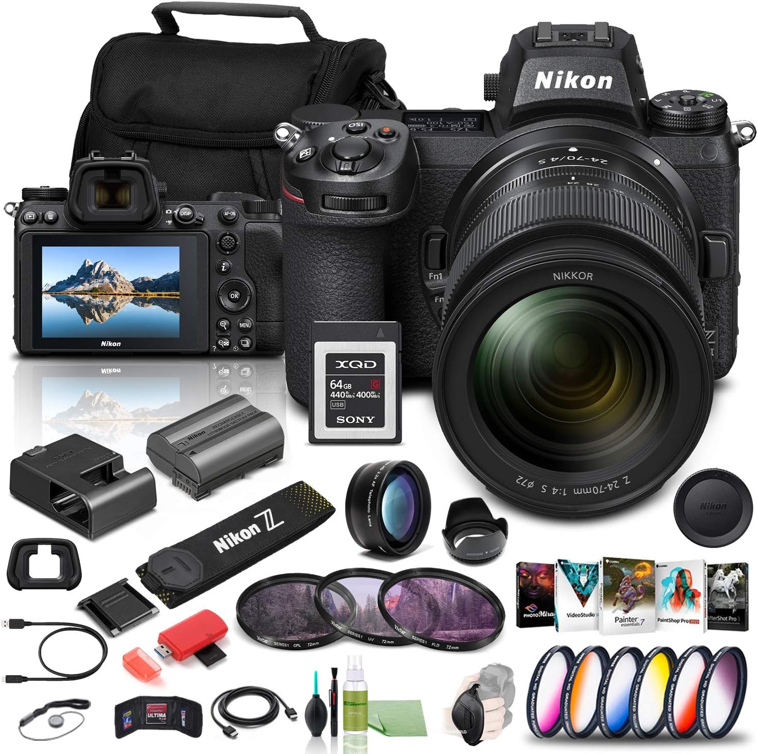 Nikon Z 6II Mirrorless Digital Camera 24.5MP with 24-70mm f/4 Lens (1663) USA Model + 64GB XQD Card + Corel Photo Software Software + Case + Filter Kit + Color Filter Kit + Telephoto Lens + More