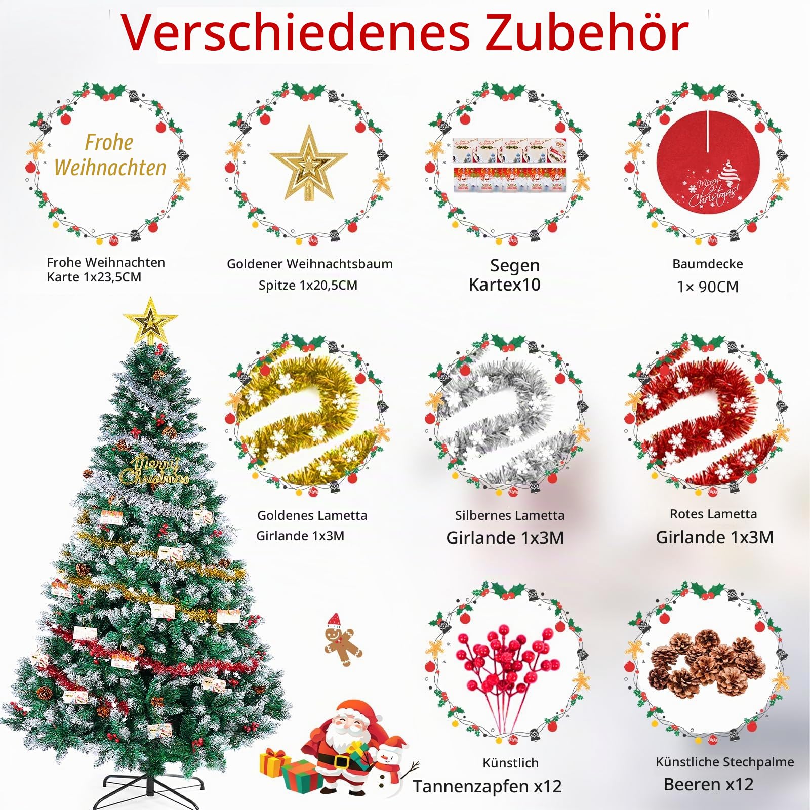 Künstlicher Weihnachtsbaum 180CM,1400 Weiße Äste Einfache Montage, 45CM Eisenständer Inklusive 6 Verschiedene Dekorationen