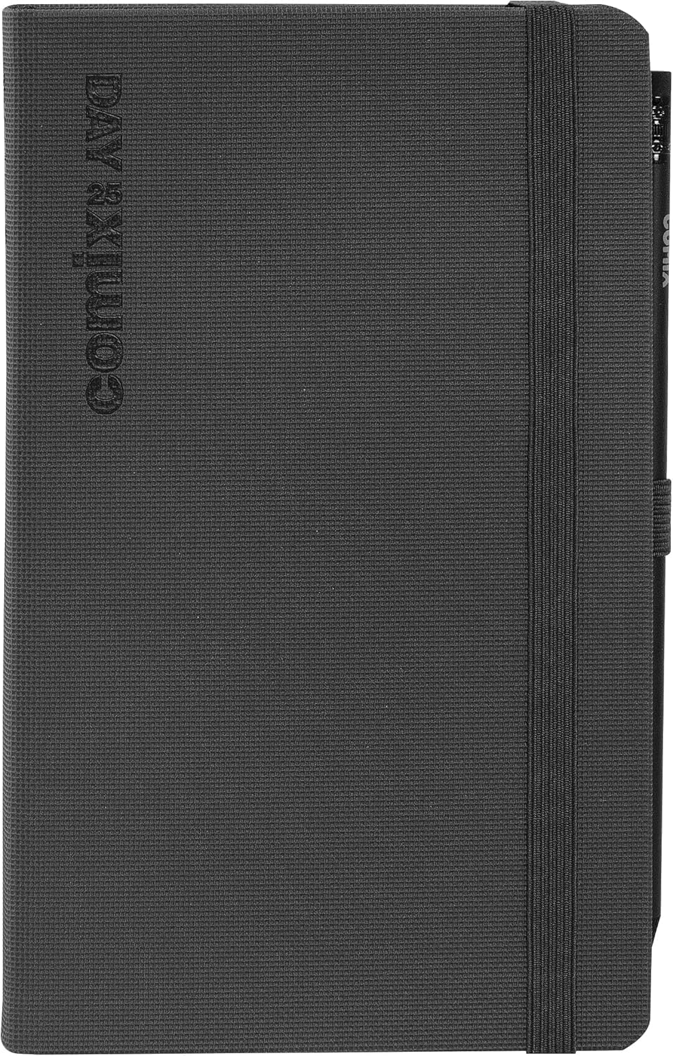 COMIX Large - 2025 12 Months, Daily Diary, with Elastic Loop for Pencil or Pen, Closure with Elastic Band and Bookmark, Comix Pencil Included, 13 x 21 h cm, Black