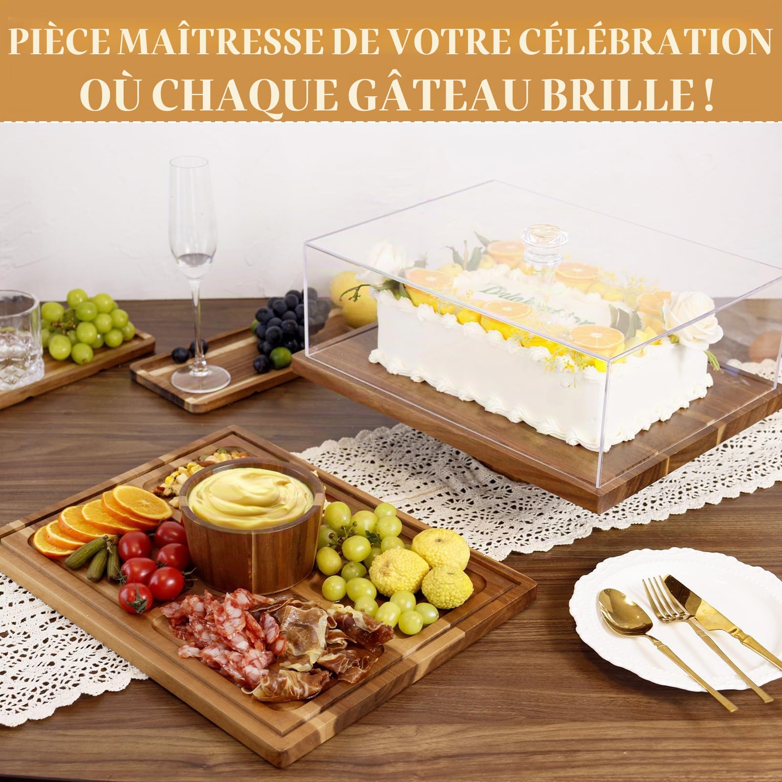 Présentoir à gâteaux rectangulaire en bois d'acacia de 43 cm avec couvercle - Plateau de service et présentoir à desserts 2 en 1, dôme à gâteaux en acrylique incassable (43 cm)
