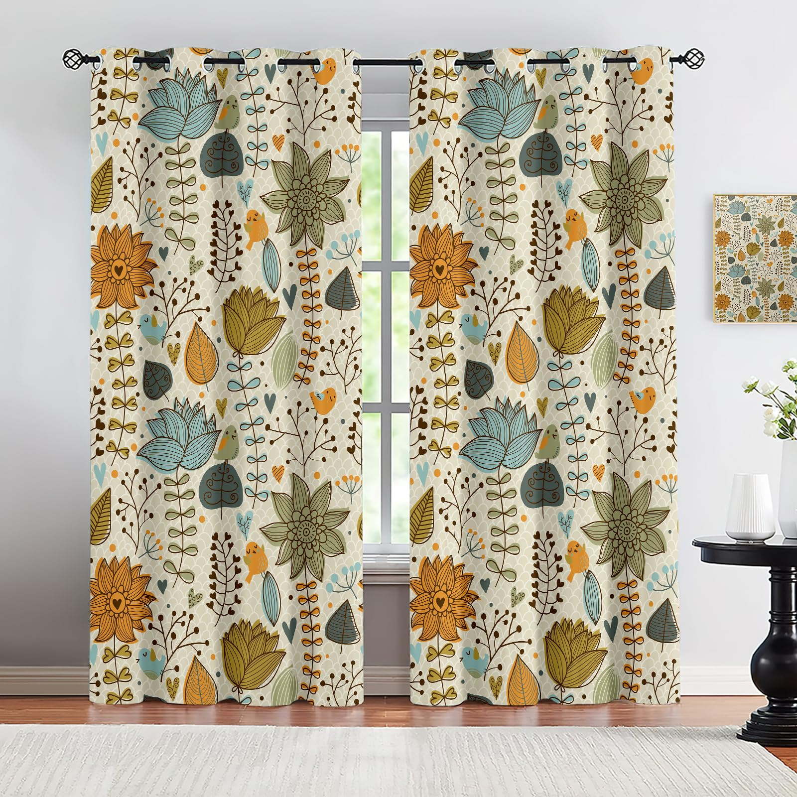 Vintage Verdunkelungsvorhänge Mit Blumen Vögeln Retro Stil Botanisches Tiere Natur Dekorative Gardinen für Wohnzimmer Schlafzimmer Kinderzimmer,2er Set 160x183 cm