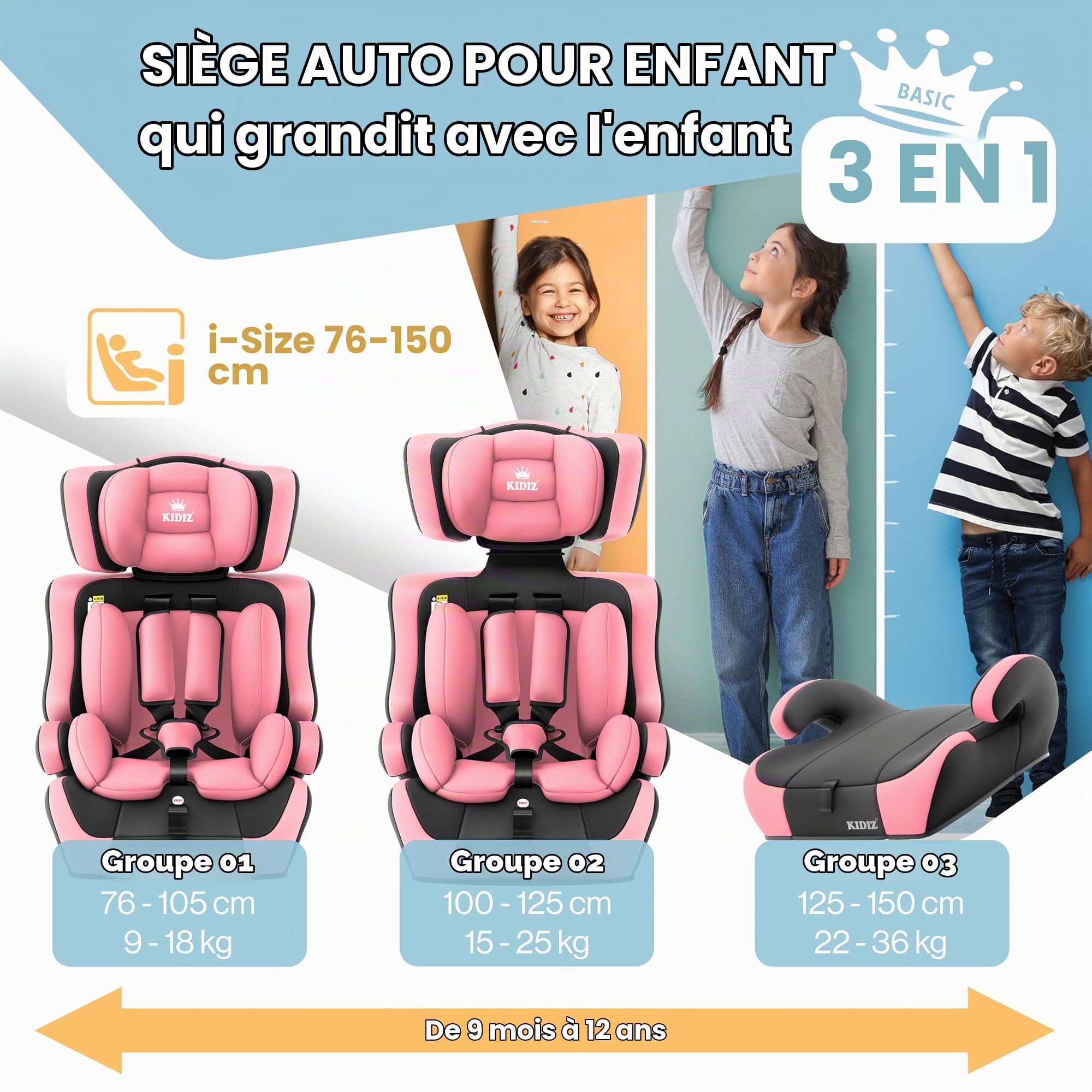 KIDIZ® Siège auto i-Size R129 de 100 à 150 cm à 12 ans, groupe 1/2/3, sans isofix, siège enfant évolutif, ceinture 5 points et appuie-tête réglable en hauteur, rose