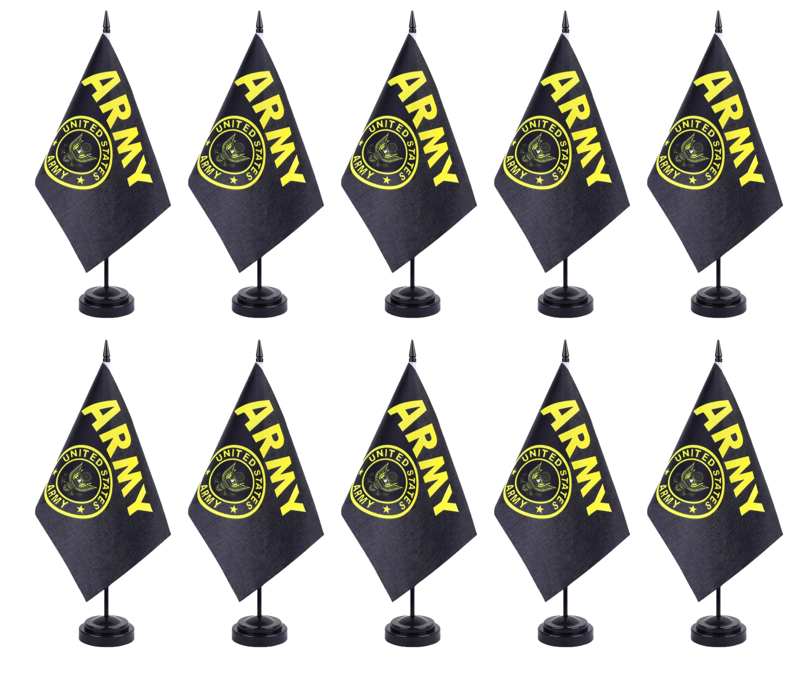 ZXvZYTGold Crest Flag Banner USA Gold Crest Desk Flag Set Small Mini Military Office Table Stick Flags with 12" Solid Pole Black Stand Base Decorations (12 Pack)
