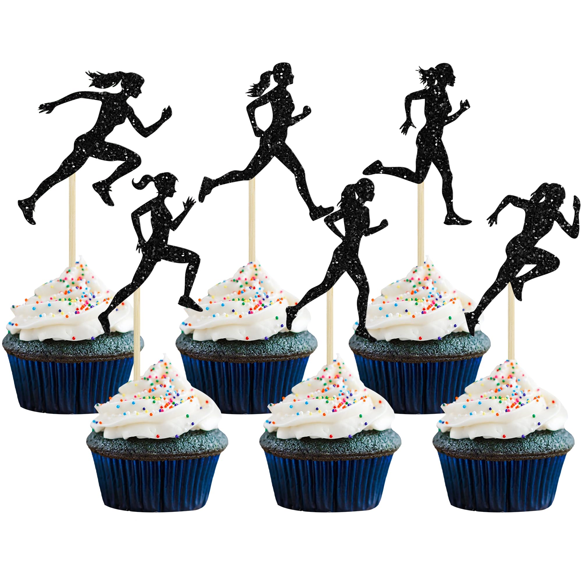 Ephlyn 30Pcs Running Cupcake Toppers Glitter Women Sports Fitness Run Cupcake Picks for Running Theme Girls Marathon Birthday Party Cake Decorations Supplies Black