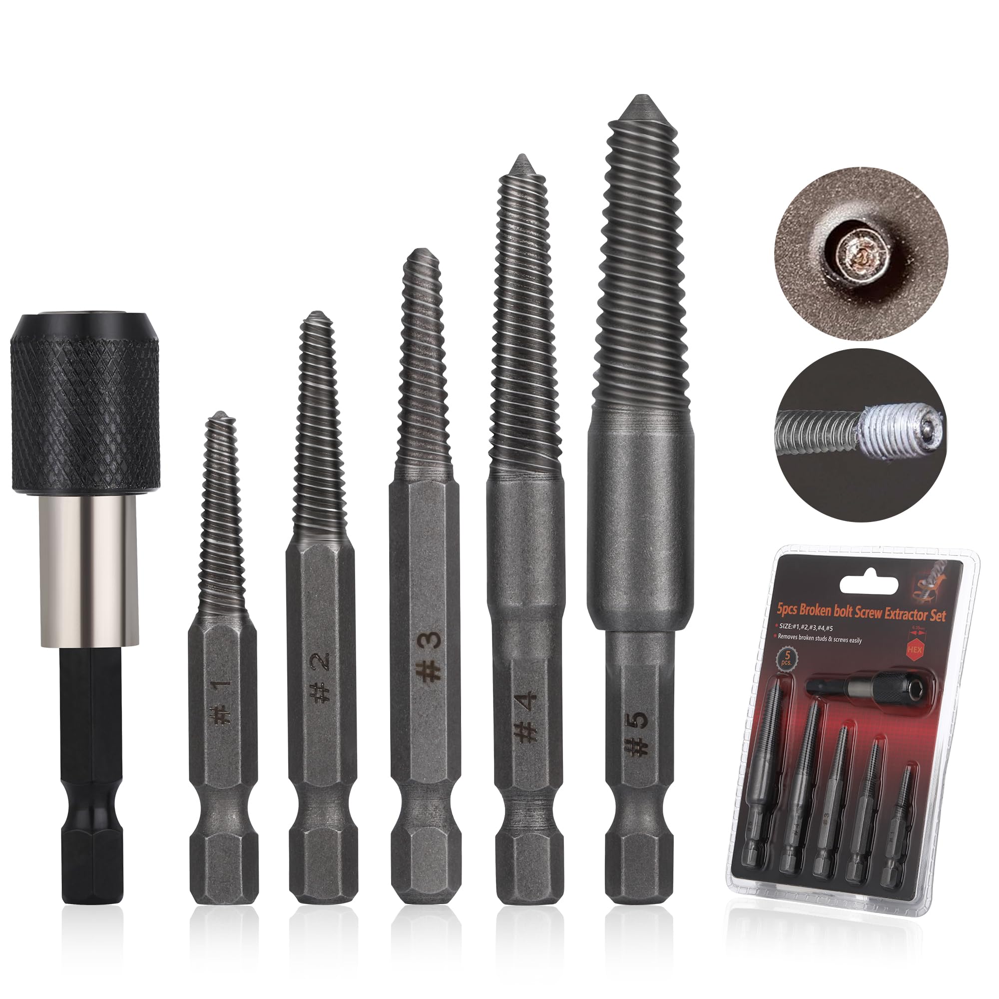 Kit Estrattore Viti Spanate Professionale–5pz Estrattori Viti Danneggiate/Bulloni Spezzati, Acciaio Temprato 5-18 mm