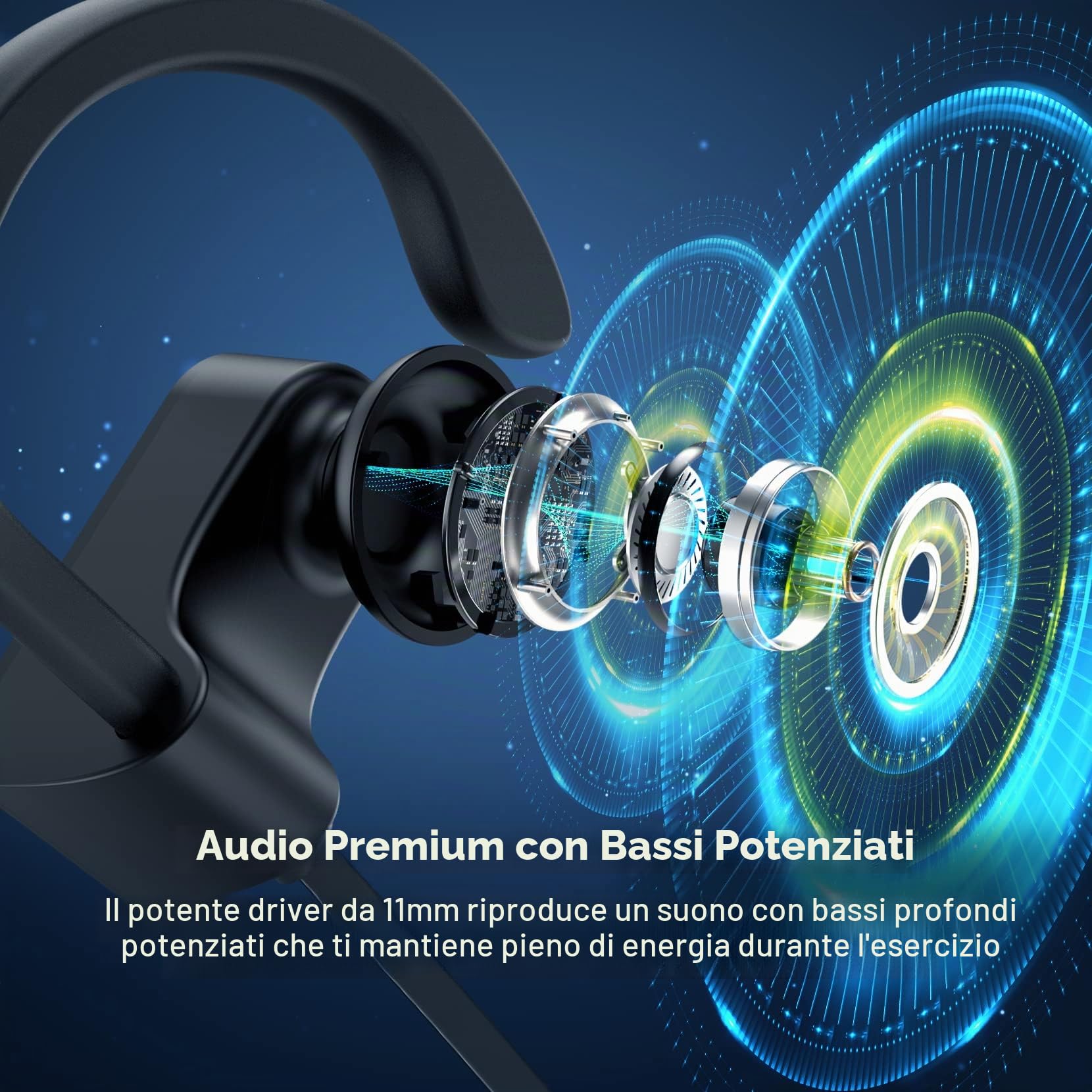 Cuffie Bluetooth, Cuffie da Corsa Wireless per Bassi Profondi con Tempo di Riproduzione di 16 Ore, Auricolari Bluetooth in-ear, Auricolari Sportivi Impermeabili IPX7 con Microfono