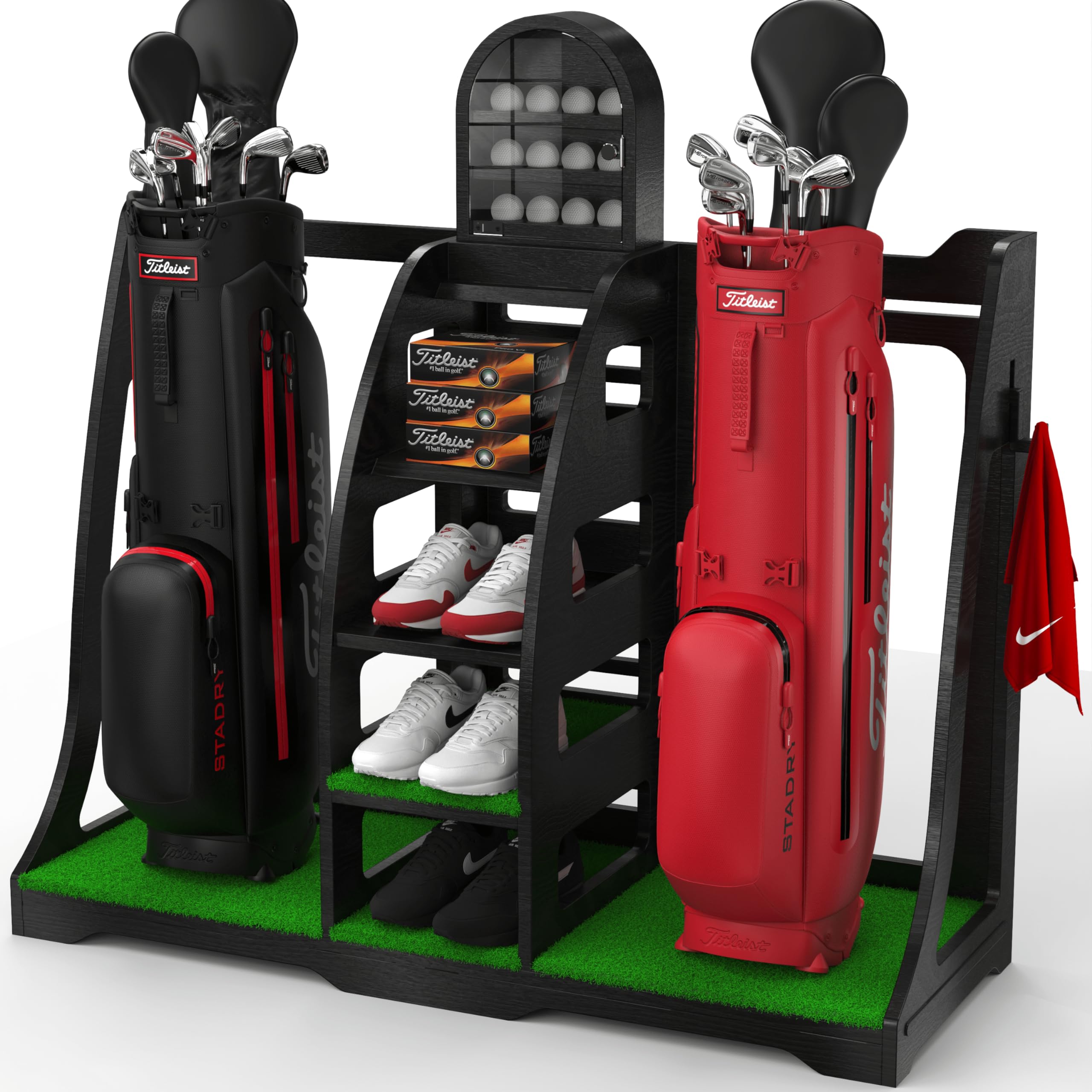 Apex Sports Golf Bag Organizer - Handcrafted Wood Design, Caddy Converter Kit, Ball Display, Storage Shelves, Turf Mats - Stylish & Space