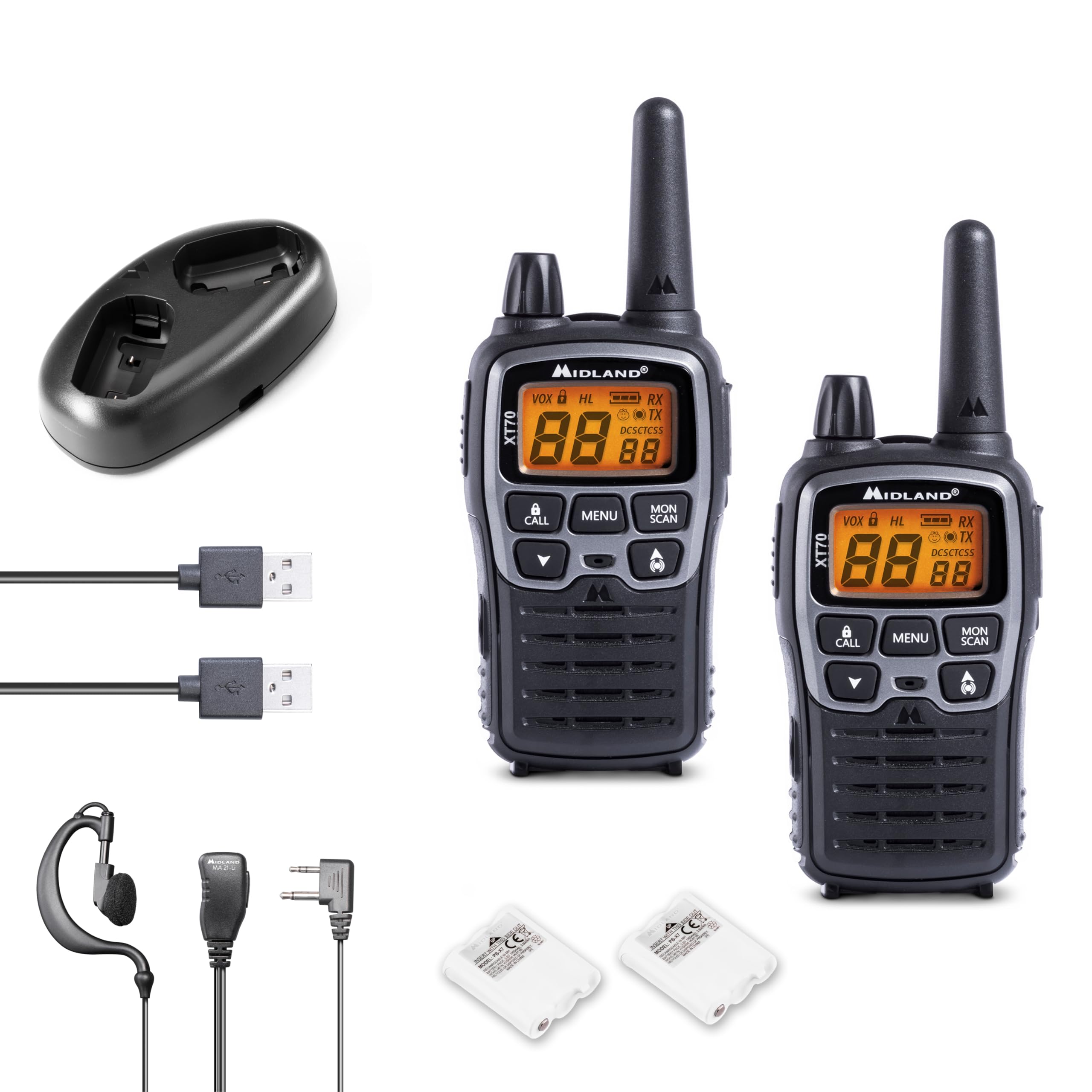 Midland - 2 Walkie Talkies XT70, Walkie Talkie 93 Channels, 69 LPD/24 PMR446 Licence-Free, Dual Band 2 Way Radio, 18H Battery Life, 12Km Range Fast Charging & Accessories 38 CTCSS Tones + 83 DCS, Grey
