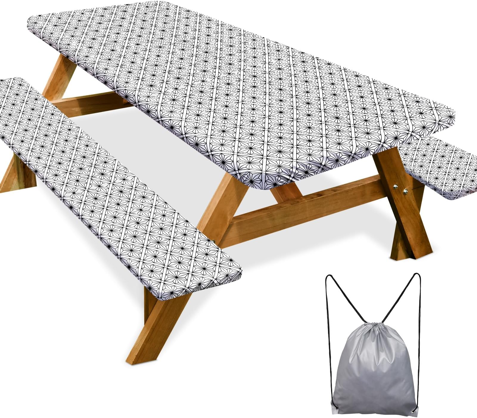 Picnic Table Cover with Bench Covers 6FT 3 Pcs Waterproof Windproof Aesthetic Camping Tablecloth with Drawstring Bag, Fitted for 6 Foot Rectangle Tables and Seats, 72 inch, Black Star